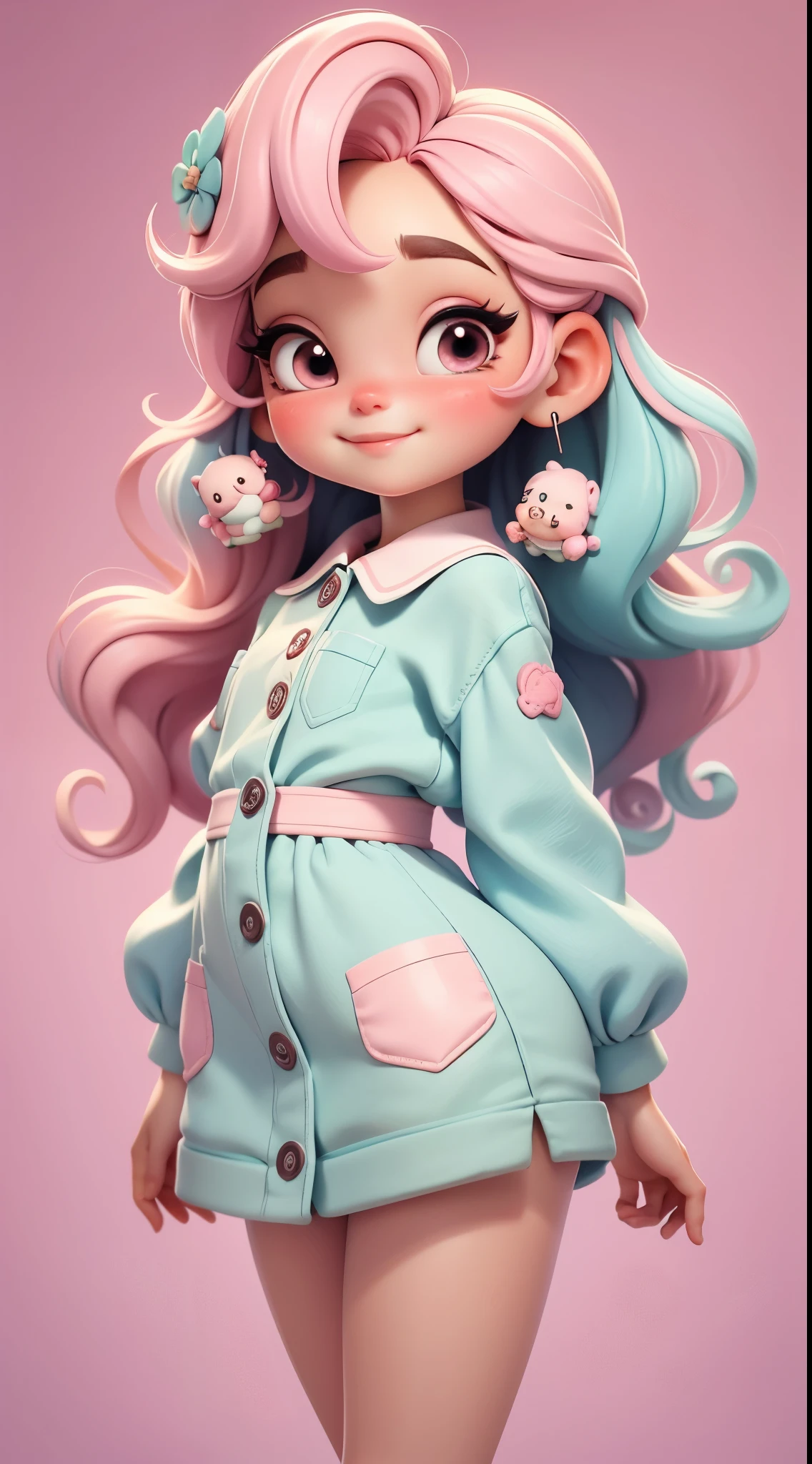 um meniur hair is stuck, pavor, marrom claro, roupas leves, corpo inteiro, The background is filled with a pastel shade, evoking a sense of lightness and happiness.