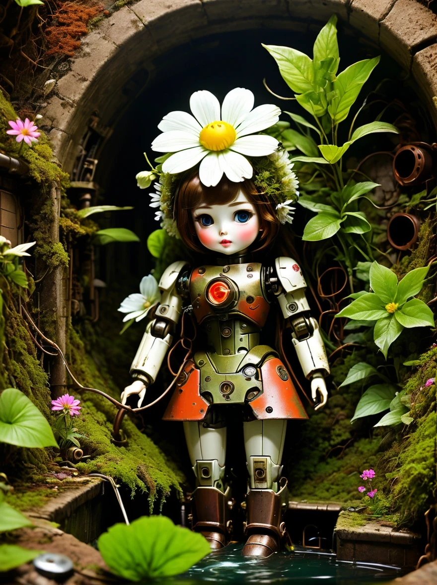 （best quality，masterpiece：1.2，Detail of the mechanical doll in the sewer，Broken mecha doll，old，stale，long time ago，Rusty，moss，weeds，a small white flower