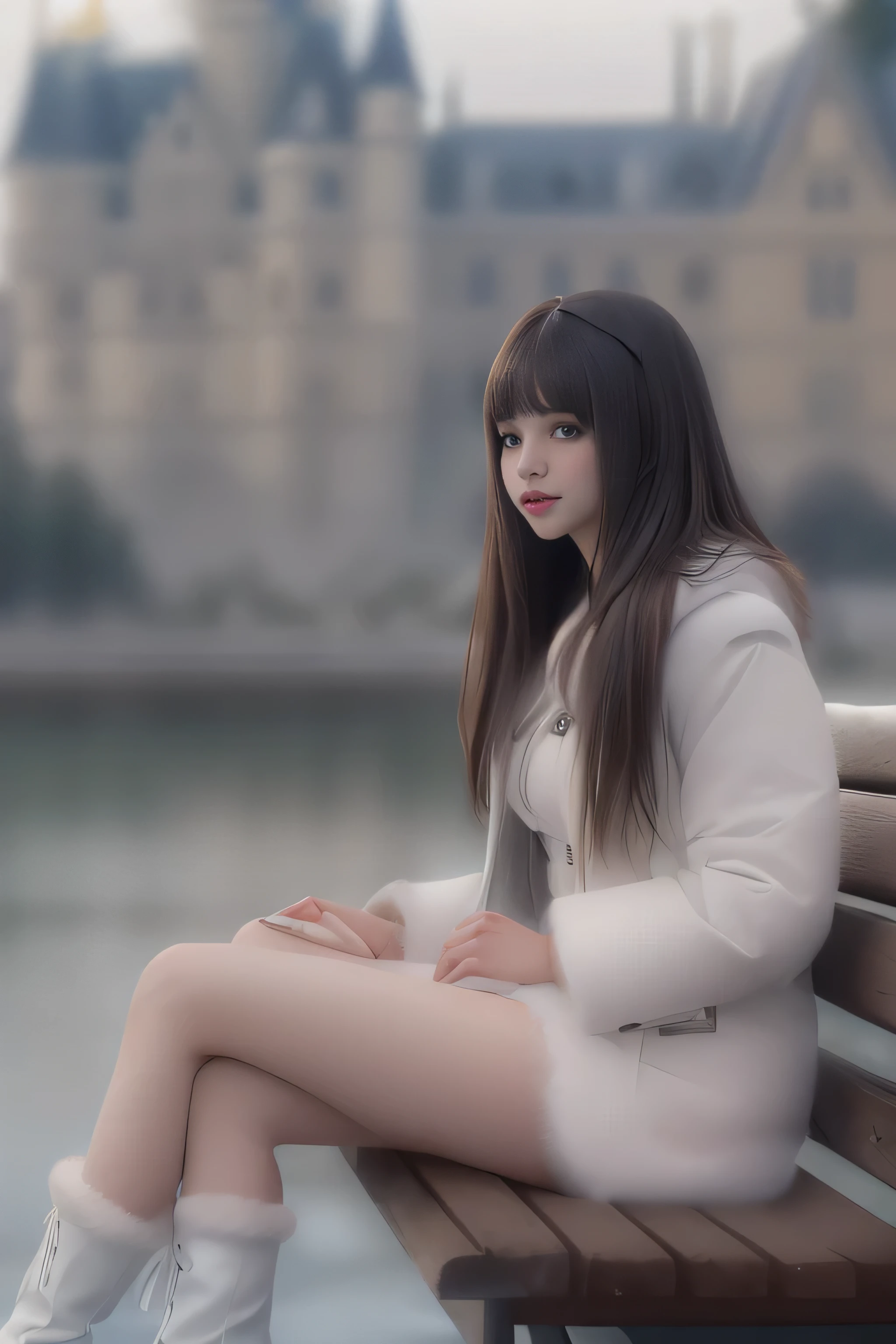 (Girl sitting on a bench in a lakeside park)(surreal)、(enlightenment)、(High resolution)、(8k)、(very detailed)、(Best Illustration)、(beautiful detailed eyes)、(highest quality)、(super detailed)、(masterpiece)、(wallpaper)、(detailed face)、solo、1 girl、slim、looking at the viewer、Detailed、detailed face、in the dark night、deep shadow、low key、Pure erotic face ace_v1、laughter、(long chestnut straight hair)、46 point diagonal bangs、(white fur half coat)、(black leather miniskirt)、(barefoot)、(White Half Boots)、(Old European castles are hazy in the background),(white panties are visible)