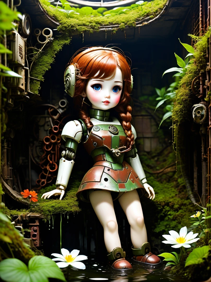 （best quality，masterpiece：1.2，Detail of the mechanical doll in the sewer，Broken mecha doll，old，stale，long time ago，Rusty，moss，weeds，a small white flower