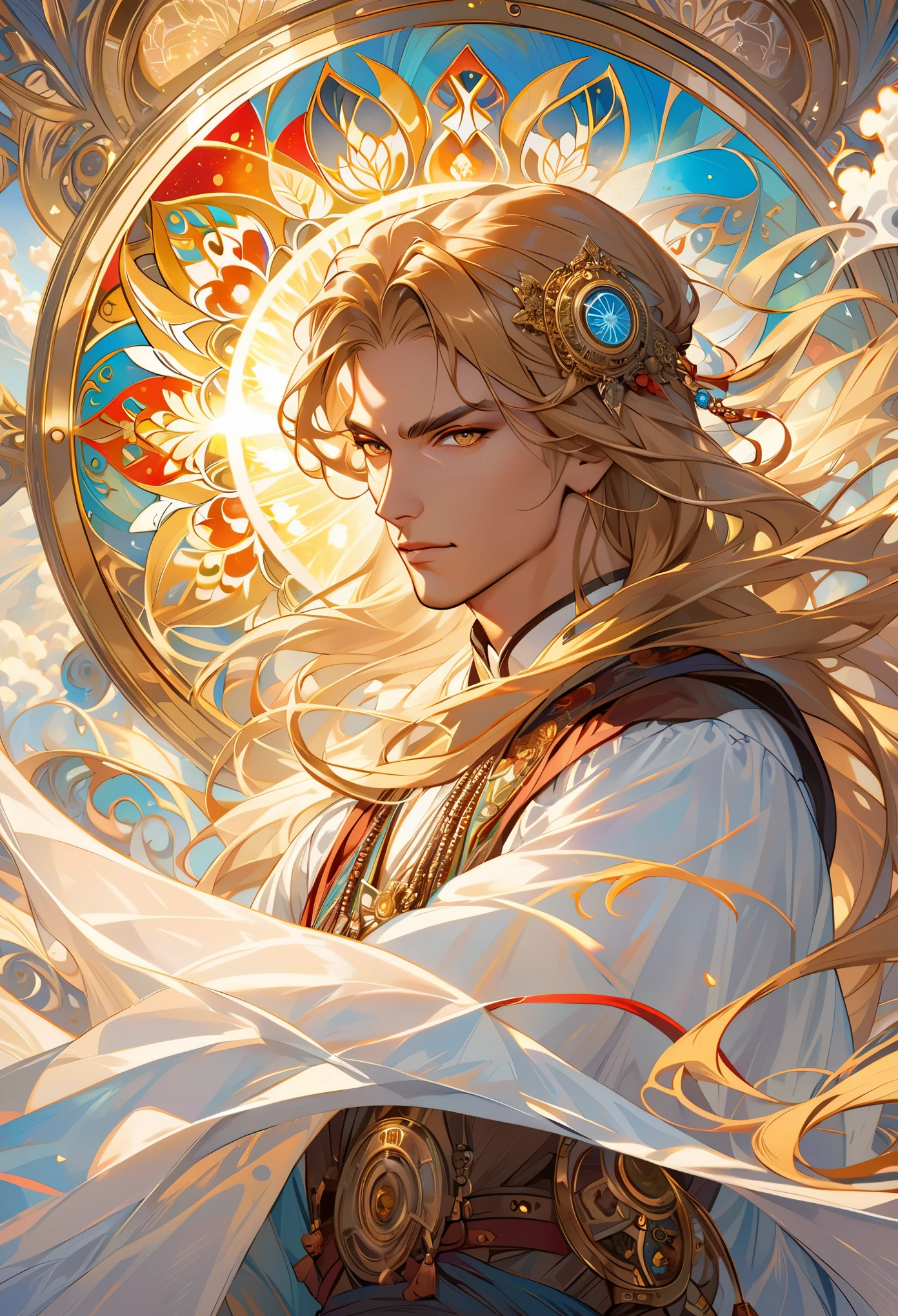 1 man,(long golden hair:1.1), golden eyes, bishop, (zendispute, mandala, dispute, endispute:0.6),(Fractal art),Chaos in its most beautiful form,Mucha style, consciousness，sun, steam Punk, 