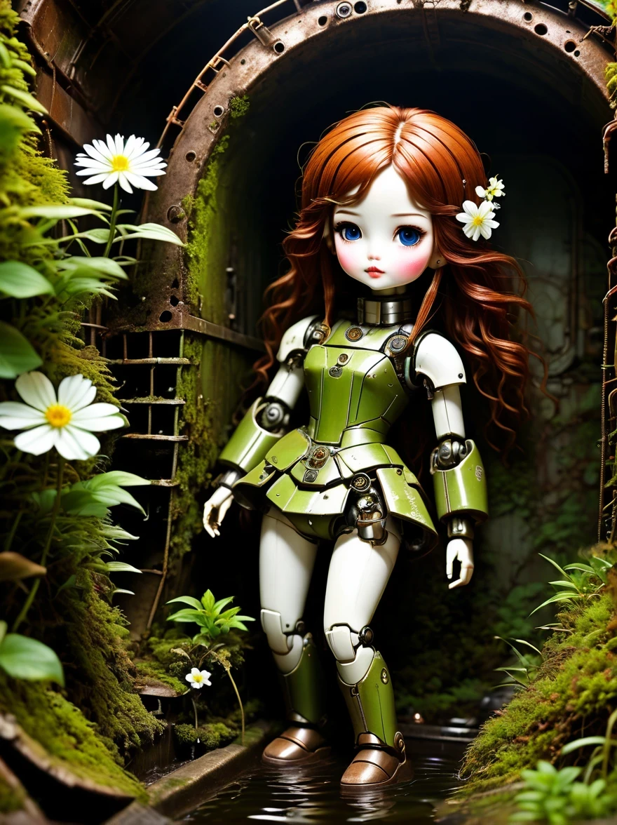 （best quality，masterpiece：1.2，Detail of the mechanical doll in the sewer，Broken mecha doll，old，stale，long time ago，Rusty，moss，weeds，a small white flower