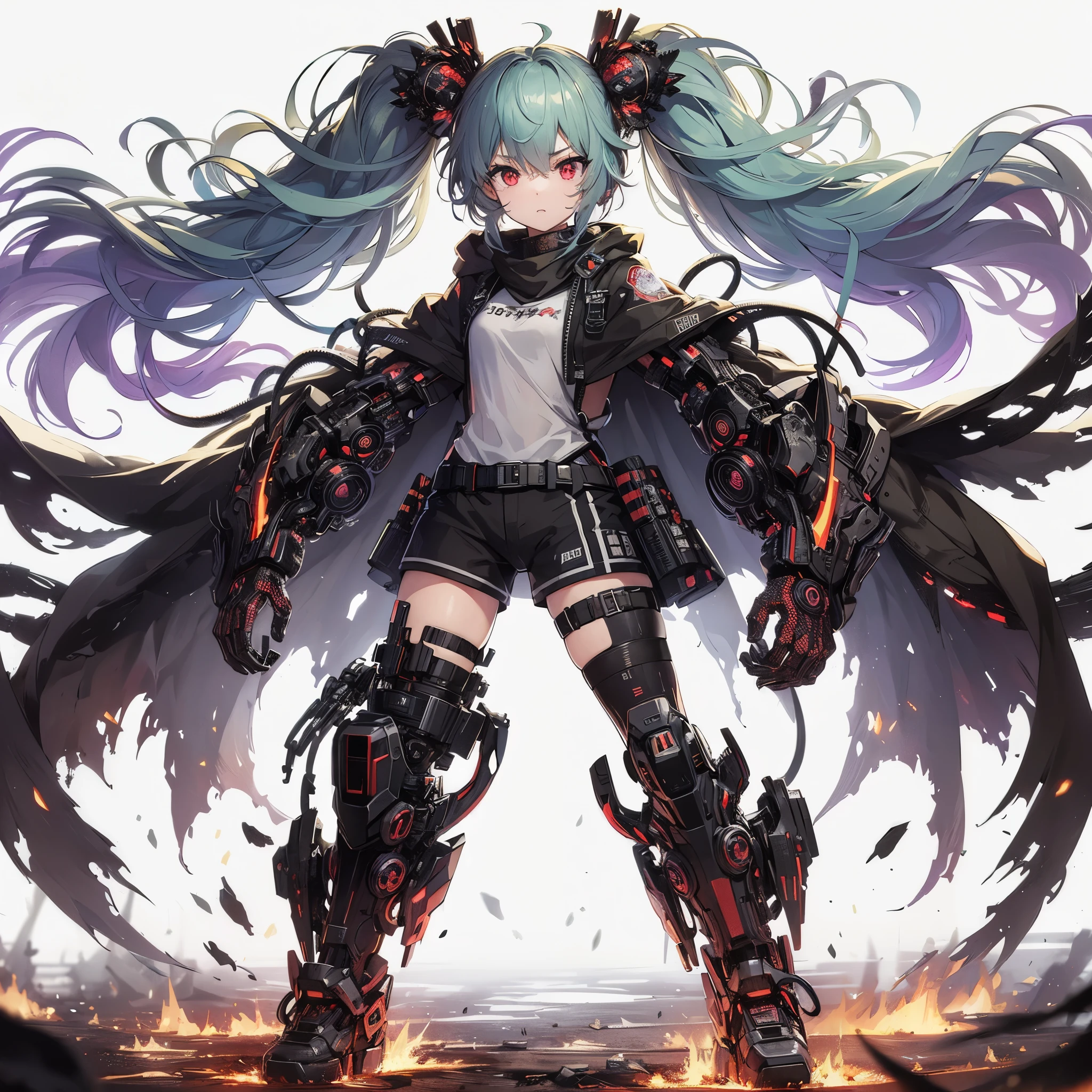 (masterpiece, Best Quality), (Perfect athlete body:1.2), (detailed hairs), Ultra-detailed, Anime style, Full body, cyberpunk Egged runner girl, burnt black mechanical limb, ((fists of black-purple flame)), Sea green two topknot hairstyle with red eyes, wearing raged cape and cyberpunk outfit. standing in burned earth, 8k high resolution, white background, whole-body, full-length view, digital painting,
