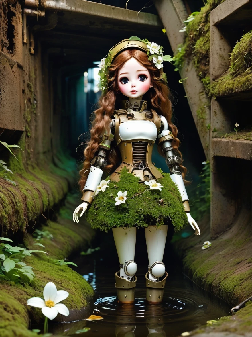 （best quality，masterpiece：1.2，Detail of the mechanical doll in the sewer，Broken mecha doll，old，stale，long time ago，Rusty，moss，weeds，a small white flower