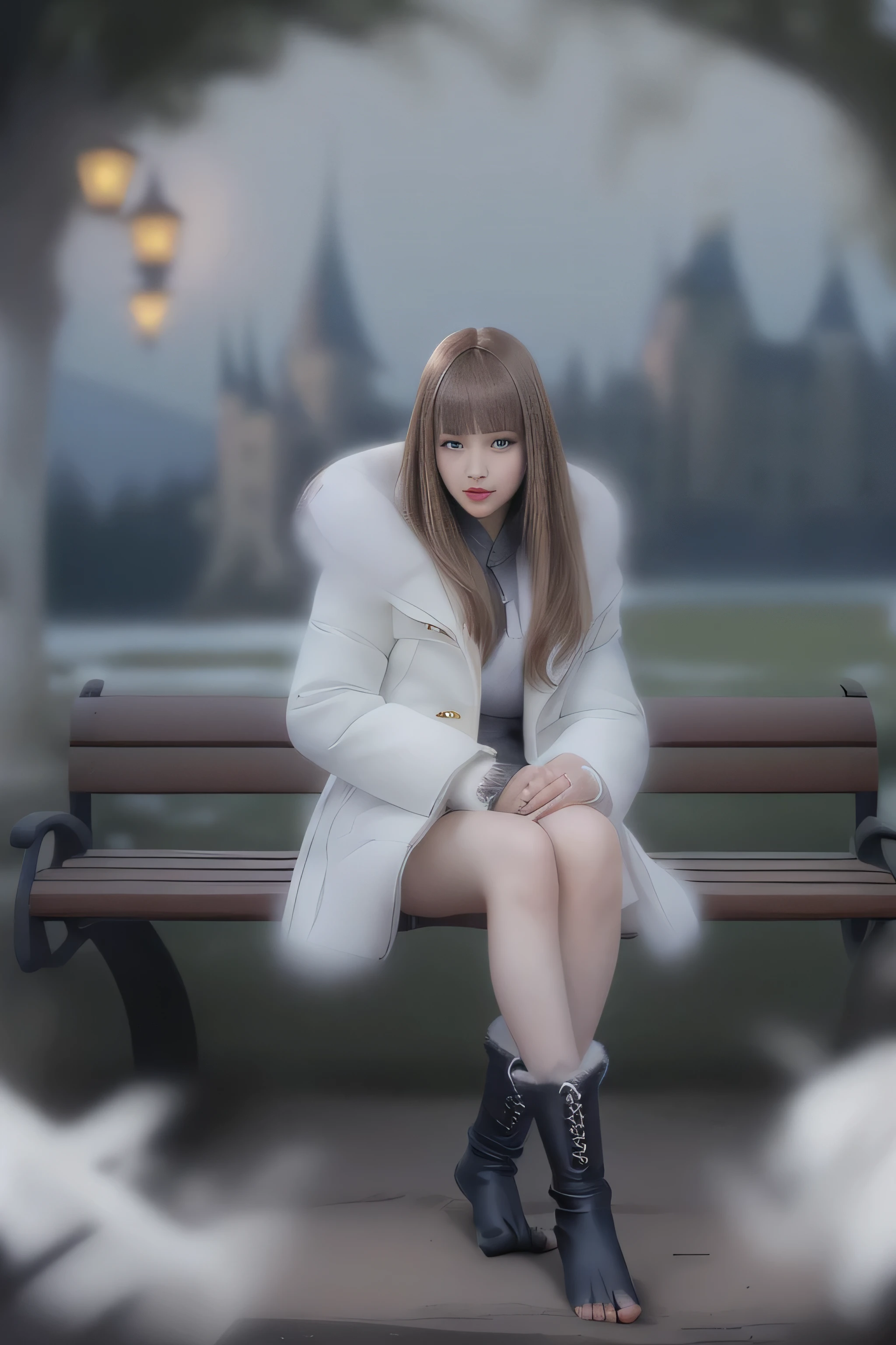 (Girl sitting on a bench in a lakeside park）(surreal)、(enlightenment)、(High resolution)、(8k)、(very detailed)、(Best Illustration)、(beautiful detailed eyes)、(highest quality)、(super detailed)、(masterpiece)、(wallpaper）、（detailed face）、solo、1 girl、slim、looking at the viewer、Detailed、detailed face、in the dark night、deep shadow、low key、Pure erotic face ace_v1、laughter、(long chestnut straight hair)、46 point diagonal bangs、(white fur half coat)、(black leather miniskirt)、(barefoot)、(White Half Boots)、(Old European castles are hazy in the background),(white panties are visible)