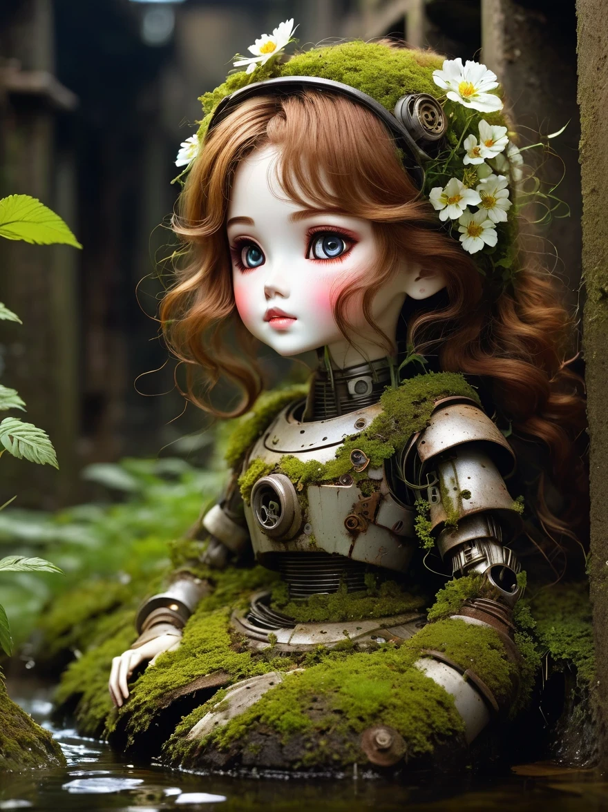 （best quality，masterpiece：1.2，Detail of the mechanical doll in the sewer，Broken mecha doll，old，stale，long time ago，Rusty，moss，weeds，a small white flower