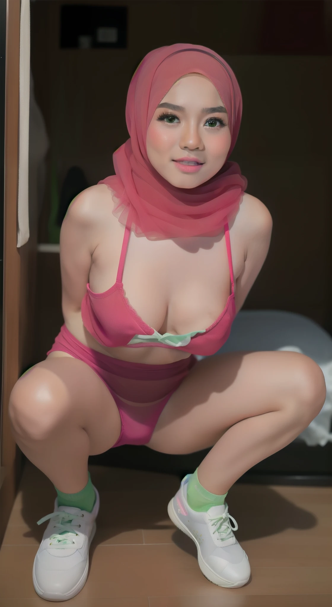 (((HIJAB MALAY GIRL))), masutepiece, High quality, UHD 32K, Realistic face, Realistic skin feeling , A Japanese Lady, 8 , , Very cute and baby-like face, (((FLAT CHEST))), (MATRIX WORLD), ((look In front  at the camera and SADNESS)), ((())), (((CUTE GIRL))), ((TRANSPARENT)), ((BLACK LIPS)), ((TRANSPARENT)), ((CHUBBY)), (undress, SNEAKERS, (green socks). ((thin laces panties)).