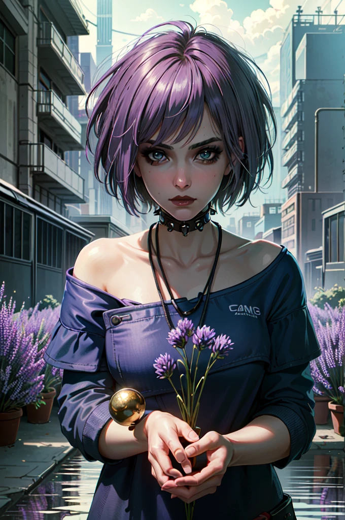 (masterpiece, best quality:1.3) 
MistyCyberpunk, 1girl, solo, looking at viewer, short hair, make up, cyberpunk, lavender field, midday, bright and vibrant with rows of purple blooms clouds, reflections, digital art