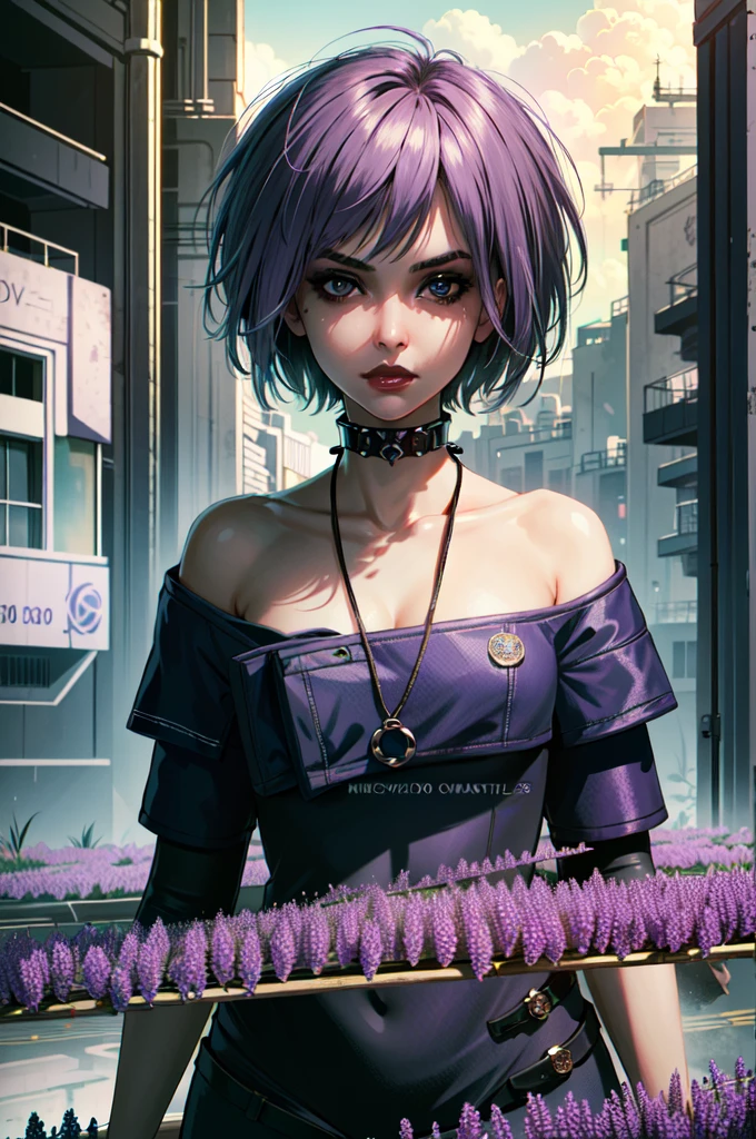 (masterpiece, best quality:1.3) 
MistyCyberpunk, 1girl, solo, looking at viewer, short hair, make up, cyberpunk, lavender field, midday, bright and vibrant with rows of purple blooms clouds, reflections, digital art