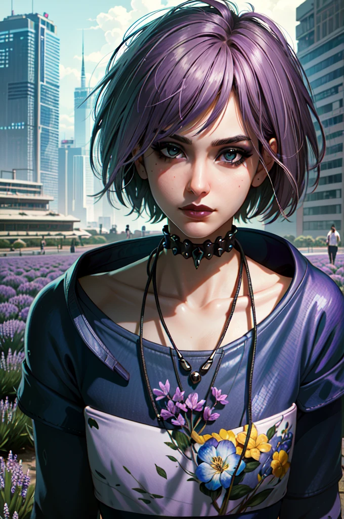 (masterpiece, best quality:1.3) 
MistyCyberpunk, 1girl, solo, looking at viewer, short hair, make up, cyberpunk, lavender field, midday, bright and vibrant with rows of purple blooms clouds, reflections, digital art