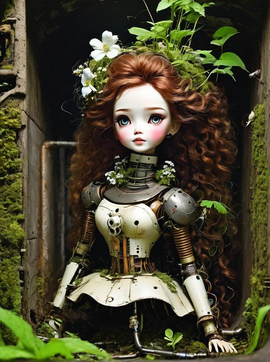 （best quality，masterpiece：1.2，Detail of the mechanical doll in the sewer，Broken mecha doll，old，stale，long time ago，Rusty，moss，weeds，a small white flower
