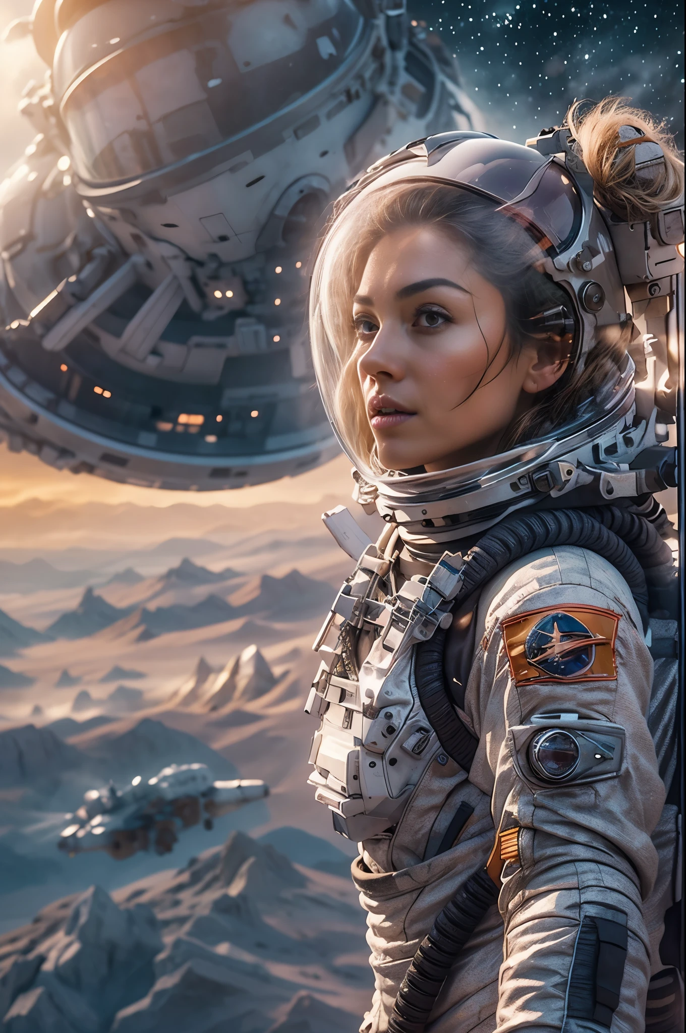 Masterpiece, a beautiful 25 years old German blonde girl, solitary female astronaut, desolated planet landscape, space and stars, electric atmosphere, utility belt, Metallic Gray Zinc, sci-fi, ultra high res.photorealistic, 16k, UHD, HDR, the best quality, body-tight astronaut suit, intricate, the most fantastic details, RAW, dramatic lighting, full body, (beautiful face, thin face, ultra high detailed eyes, ultra high detailed face, hair with bun), space ships in the sky, realistic reflections, sunrise, to scale, lonely, determined, dynamic posture, a space military compound in the background