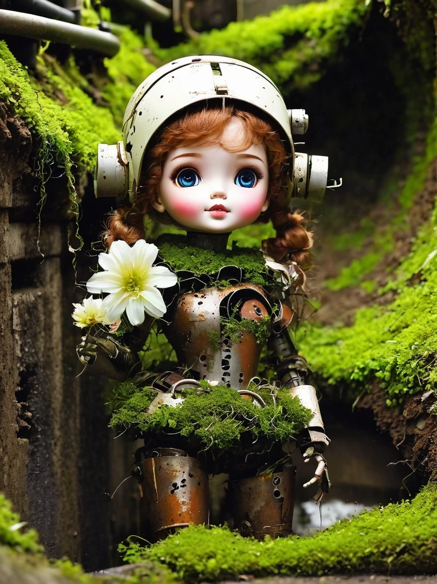 （best quality，masterpiece：1.2，Detail of the mechanical doll in the sewer，Broken mecha doll，old，stale，long time ago，Rusty，moss，weeds，a small white flower