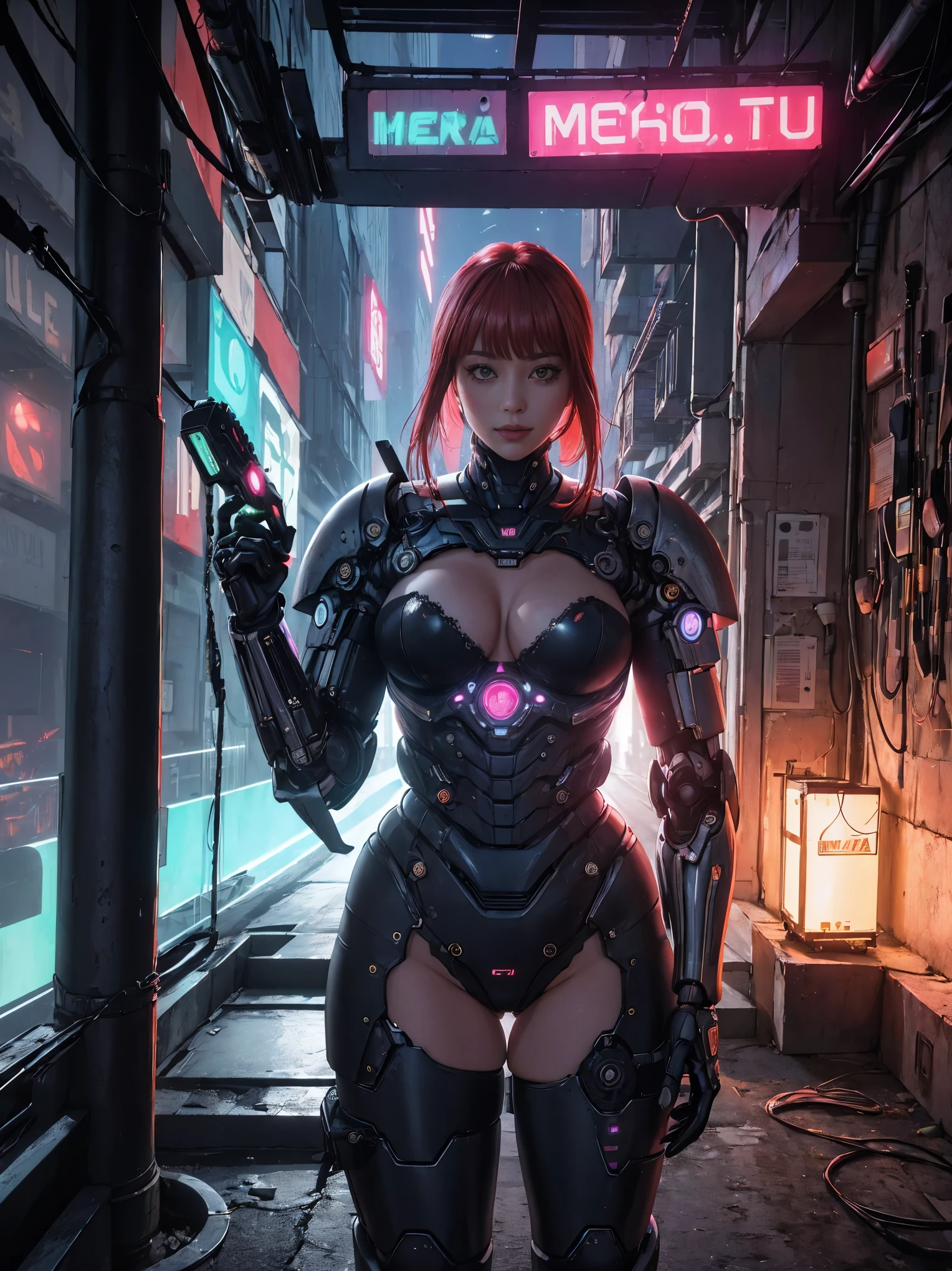 (Mejor calidad, Obra maestra:1.2), ciberpunk, vulgar, nasty cyborg woman in repair, ojo llameante, robots, love doll, rostro, Sex Shop, neon lights, dystopian cityscape, Dark alley, Fumar, Pintada, modificaciones corporales