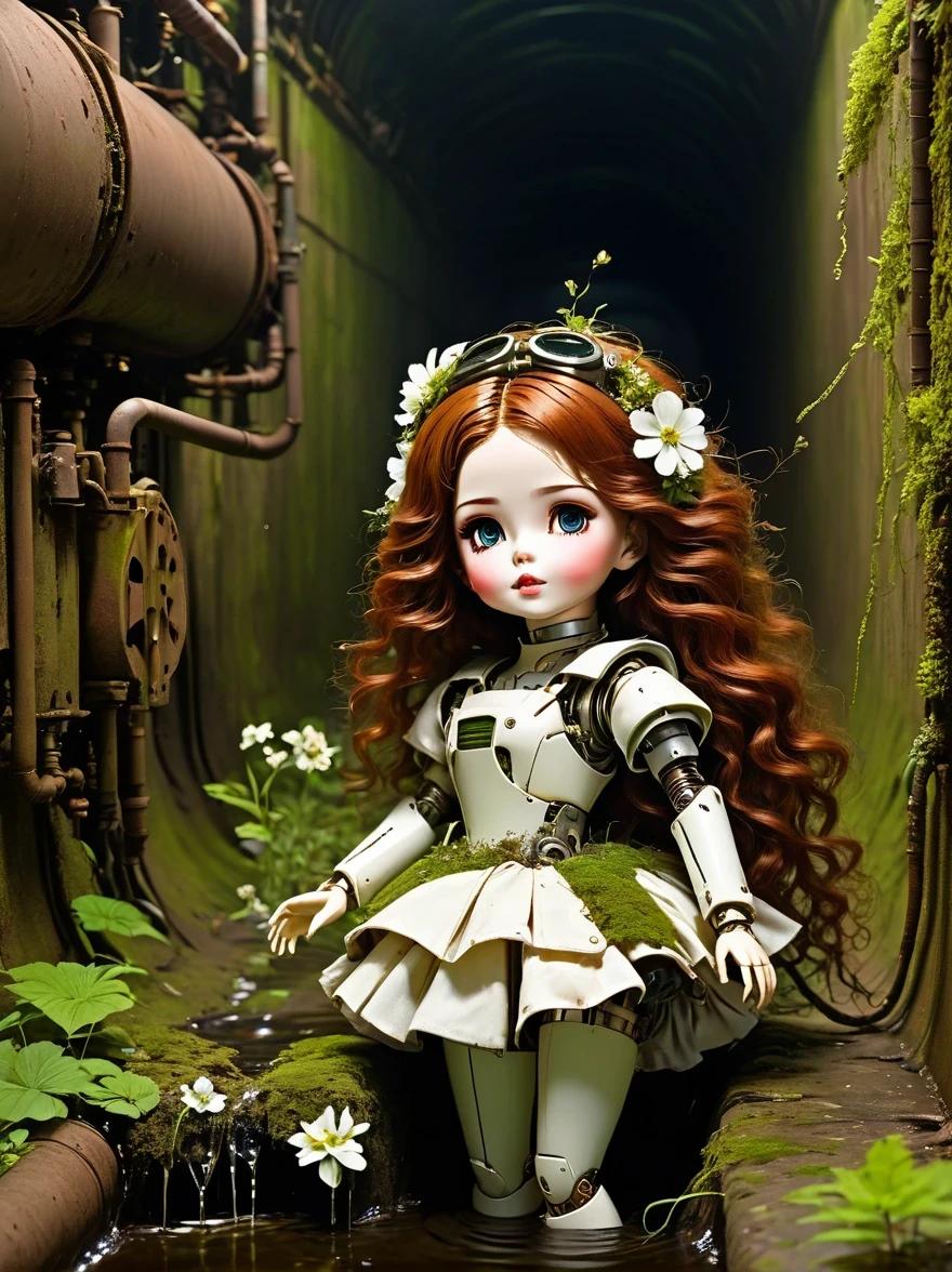 （best quality，masterpiece：1.2，Detail of the mechanical doll in the sewer，Broken mecha doll，old，stale，long time ago，Rusty，moss，weeds，a small white flower