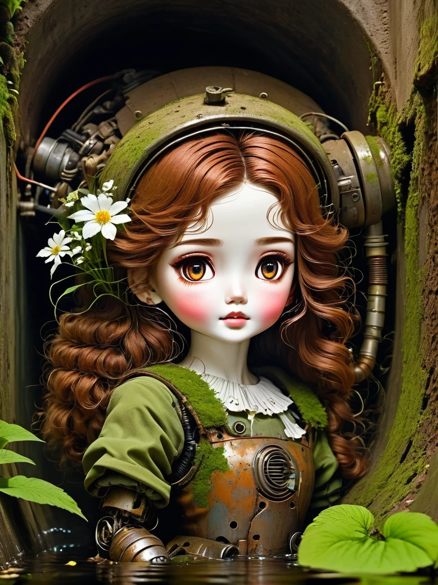 （best quality，masterpiece：1.2，Detail of the mechanical doll in the sewer，Broken mecha doll，old，stale，long time ago，Rusty，moss，weeds，a small white flower
