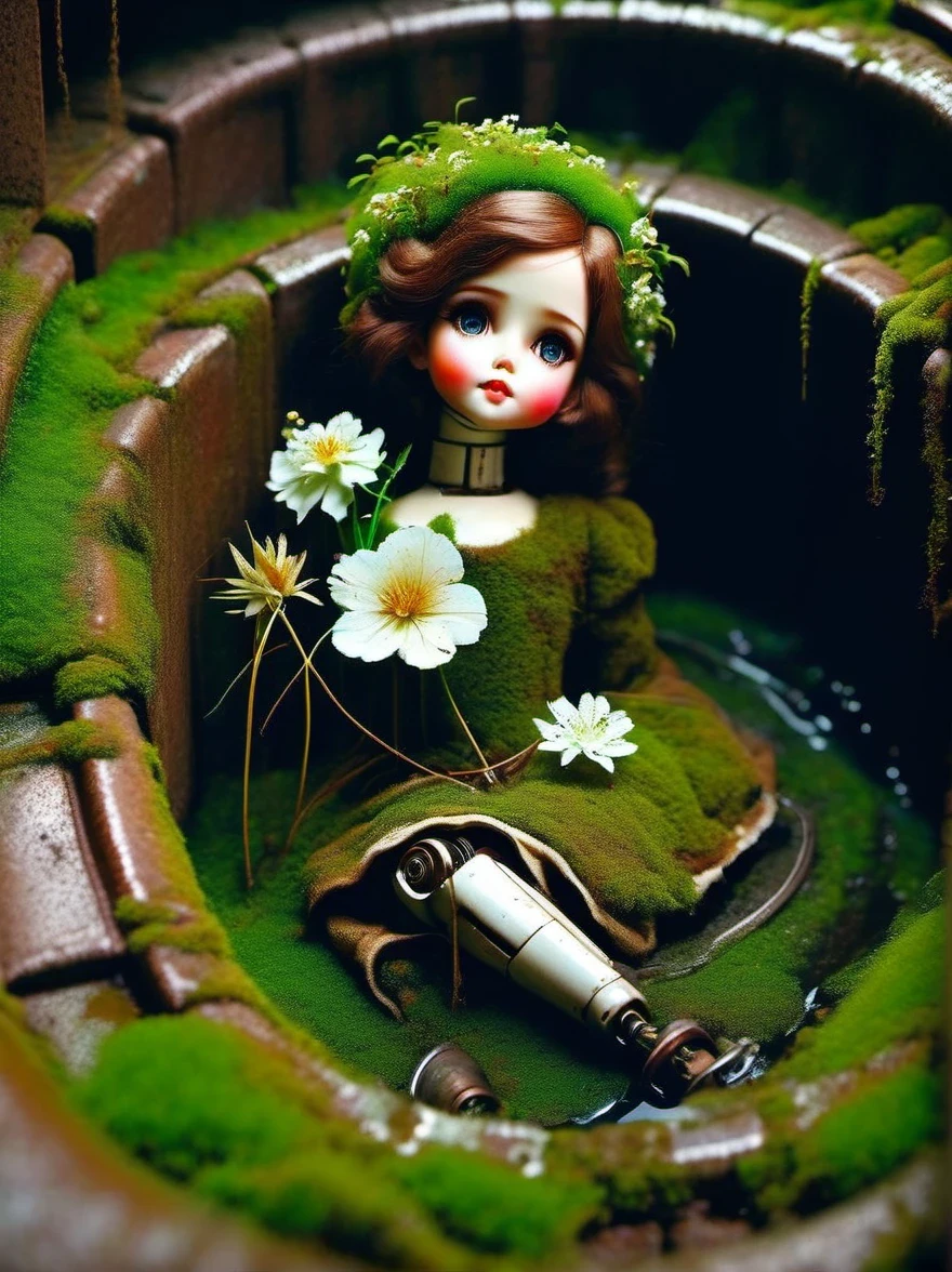 （best quality，masterpiece：1.2，Detail of the mechanical doll in the sewer，Broken mecha doll，old，stale，long time ago，Rusty，moss，weeds，a small white flower