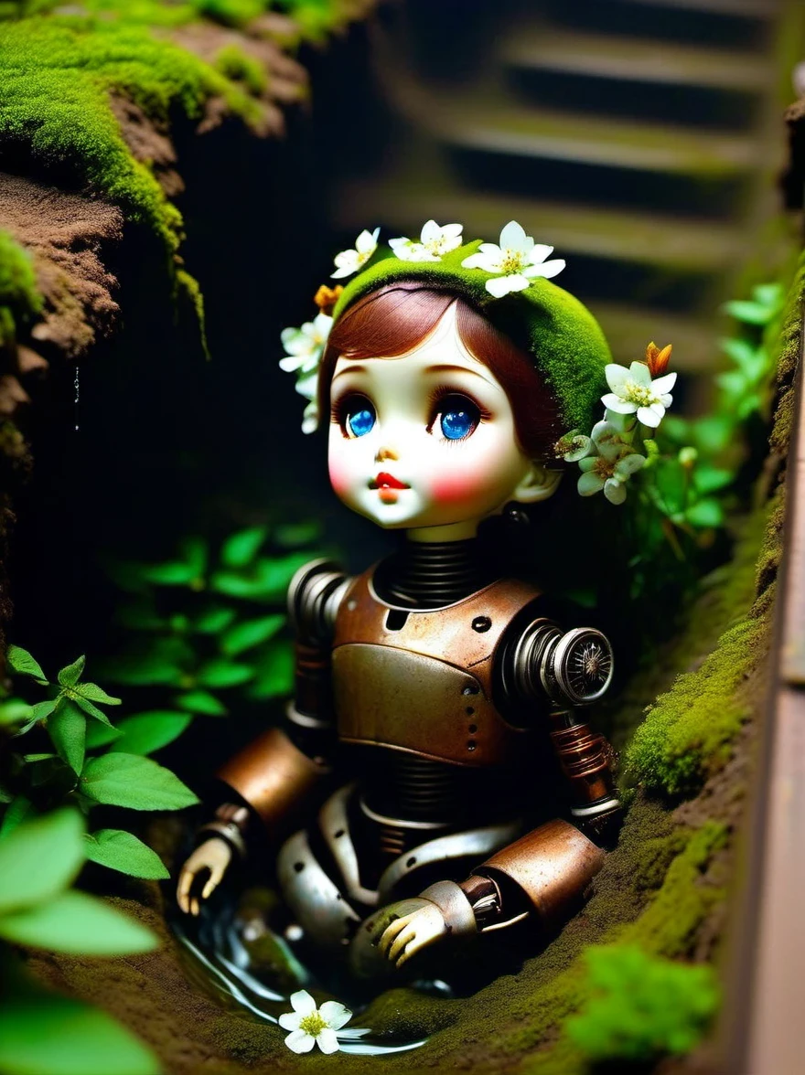 （best quality，masterpiece：1.2，Detail of the mechanical doll in the sewer，Broken mecha doll，old，stale，long time ago，Rusty，moss，weeds，a small white flower
