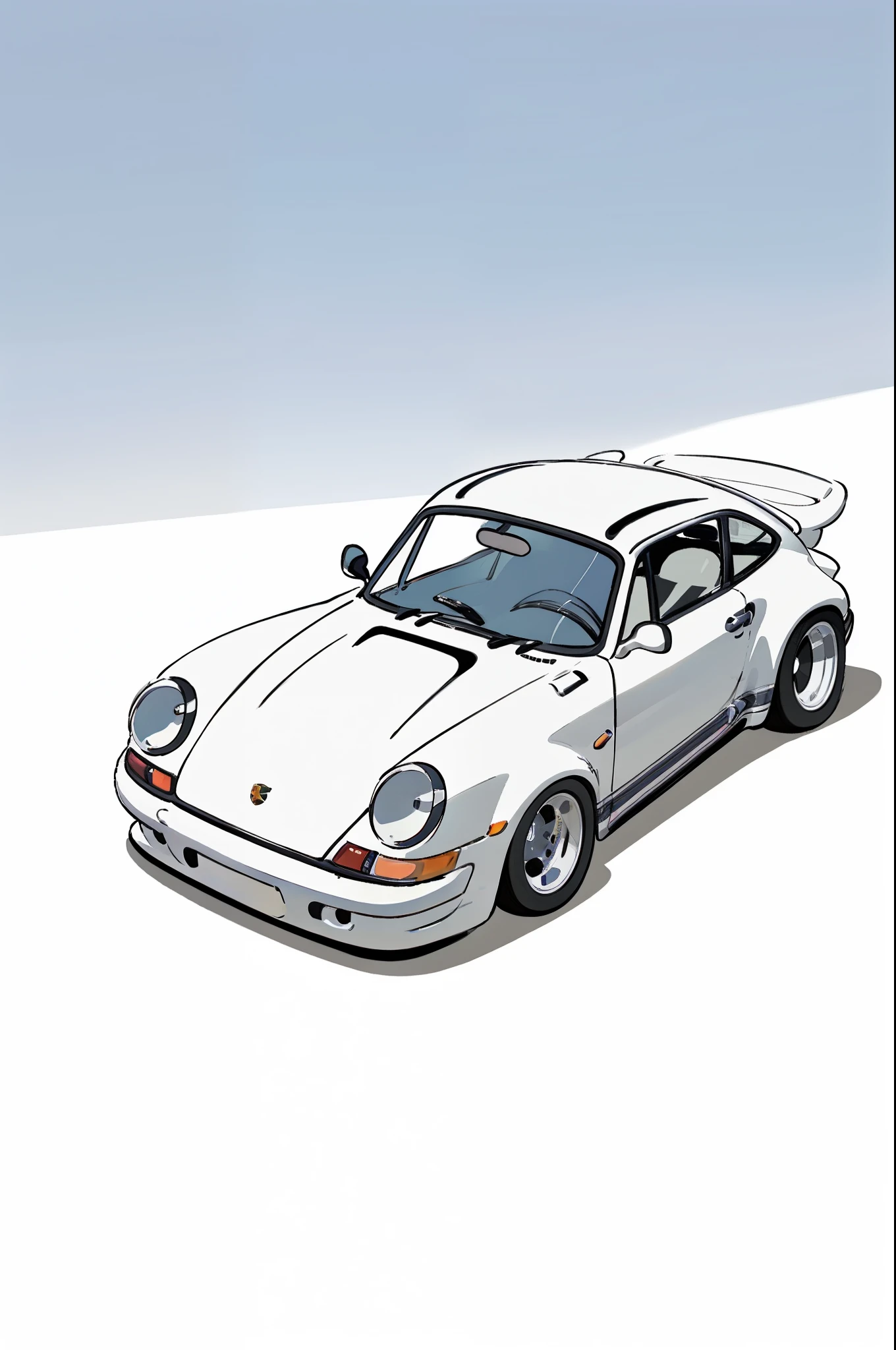 
Porsche 911 rwb, wide body, sketch, 
cartoonish, comic strip, Chip Foose car rendering, chrome wheels, bagged, slammed to the ground, empty parkinglot, style dessin manga, couleur