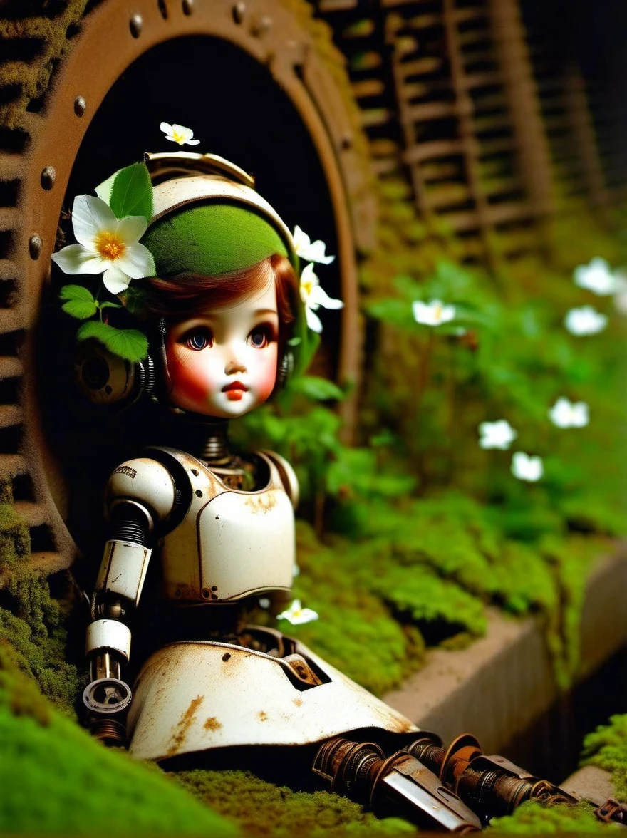 （best quality，masterpiece：1.2，Detail of the mechanical doll in the sewer，Broken mecha doll，old，stale，long time ago，Rusty，moss，weeds，a small white flower