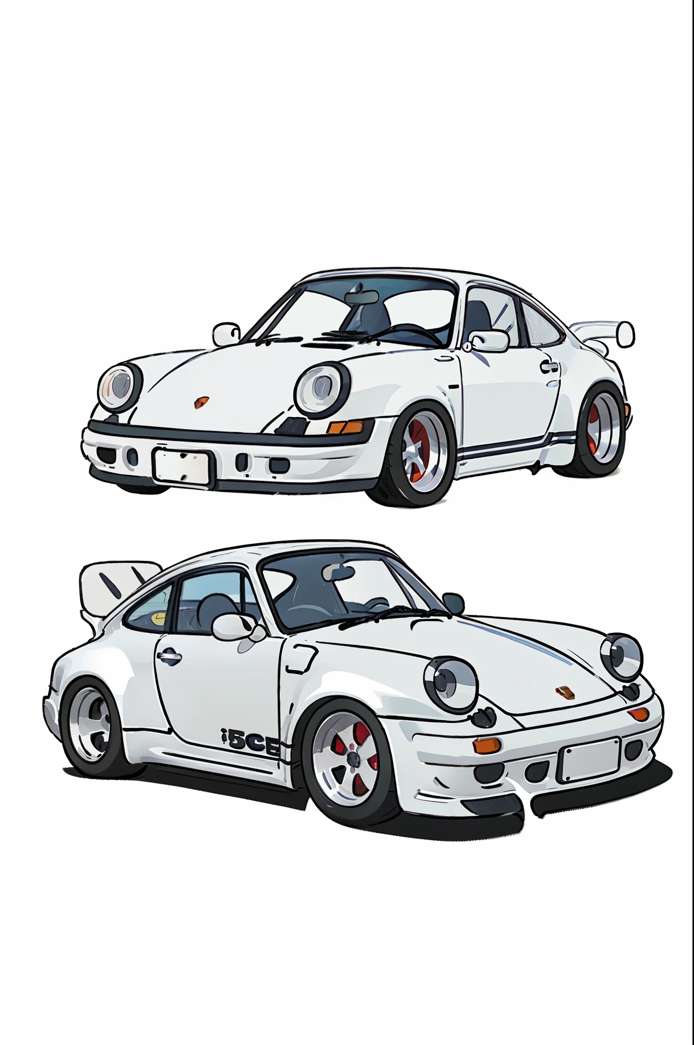 Porsche 911 rwb, wide body, sketch,
cartoonish, comic strip, Chip Foose car rendering, chrome wheels, bagged, slammed to the ground, empty parkinglot, style dessin manga, couleur