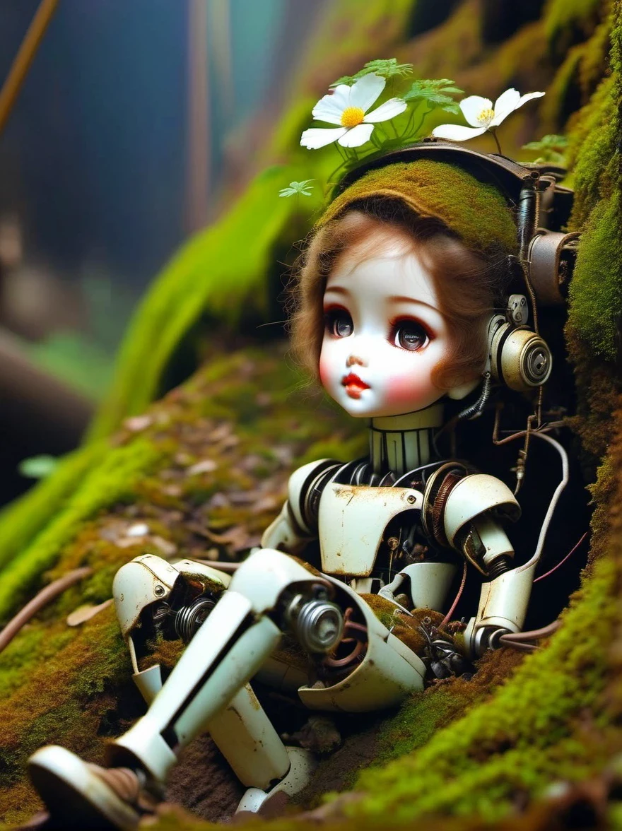 （best quality，masterpiece：1.2，Detail of the mechanical doll in the sewer，Broken mecha doll，old，stale，long time ago，Rusty，moss，weeds，a small white flower