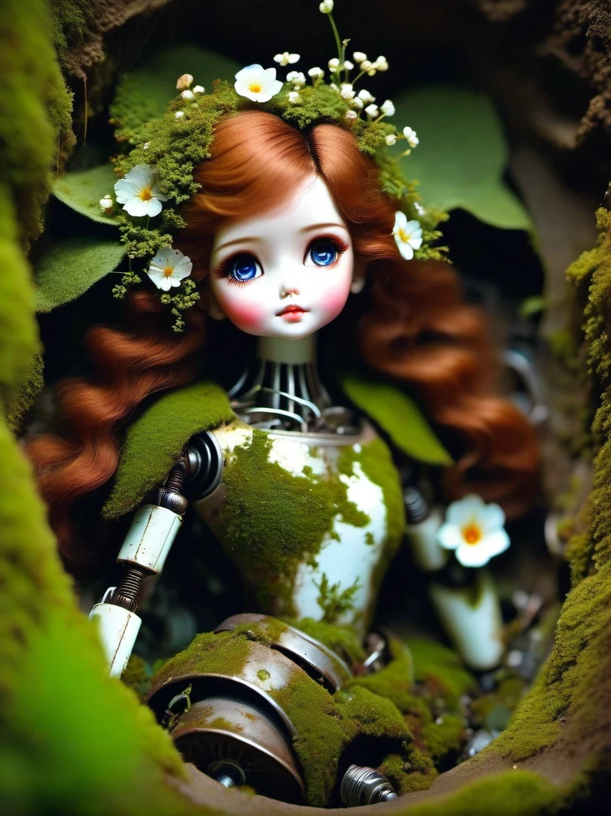 （best quality，masterpiece：1.2，Detail of the mechanical doll in the sewer，Broken mecha doll，old，stale，long time ago，Rusty，moss，weeds，a small white flower