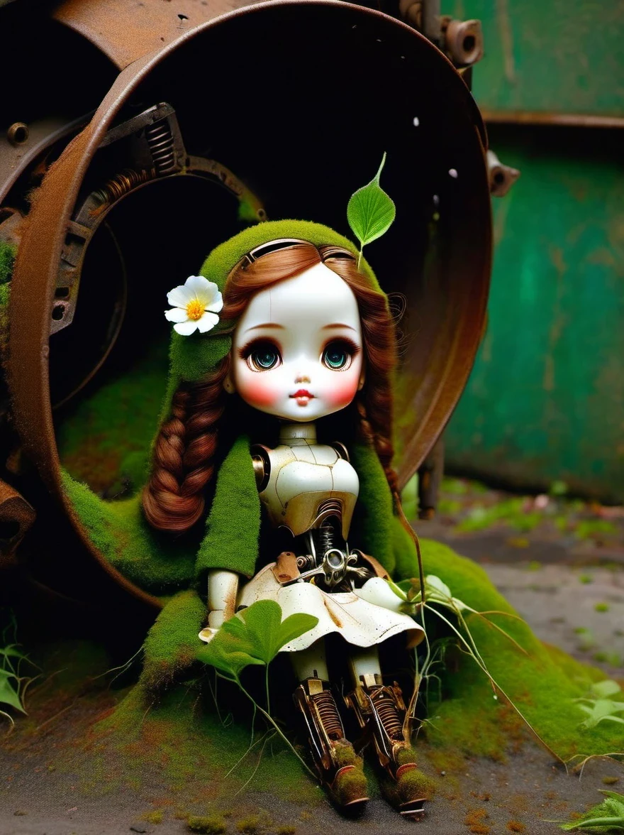（best quality，masterpiece：1.2，Detail of the mechanical doll in the sewer，Broken mecha doll，old，stale，long time ago，Rusty，moss，weeds，a small white flower