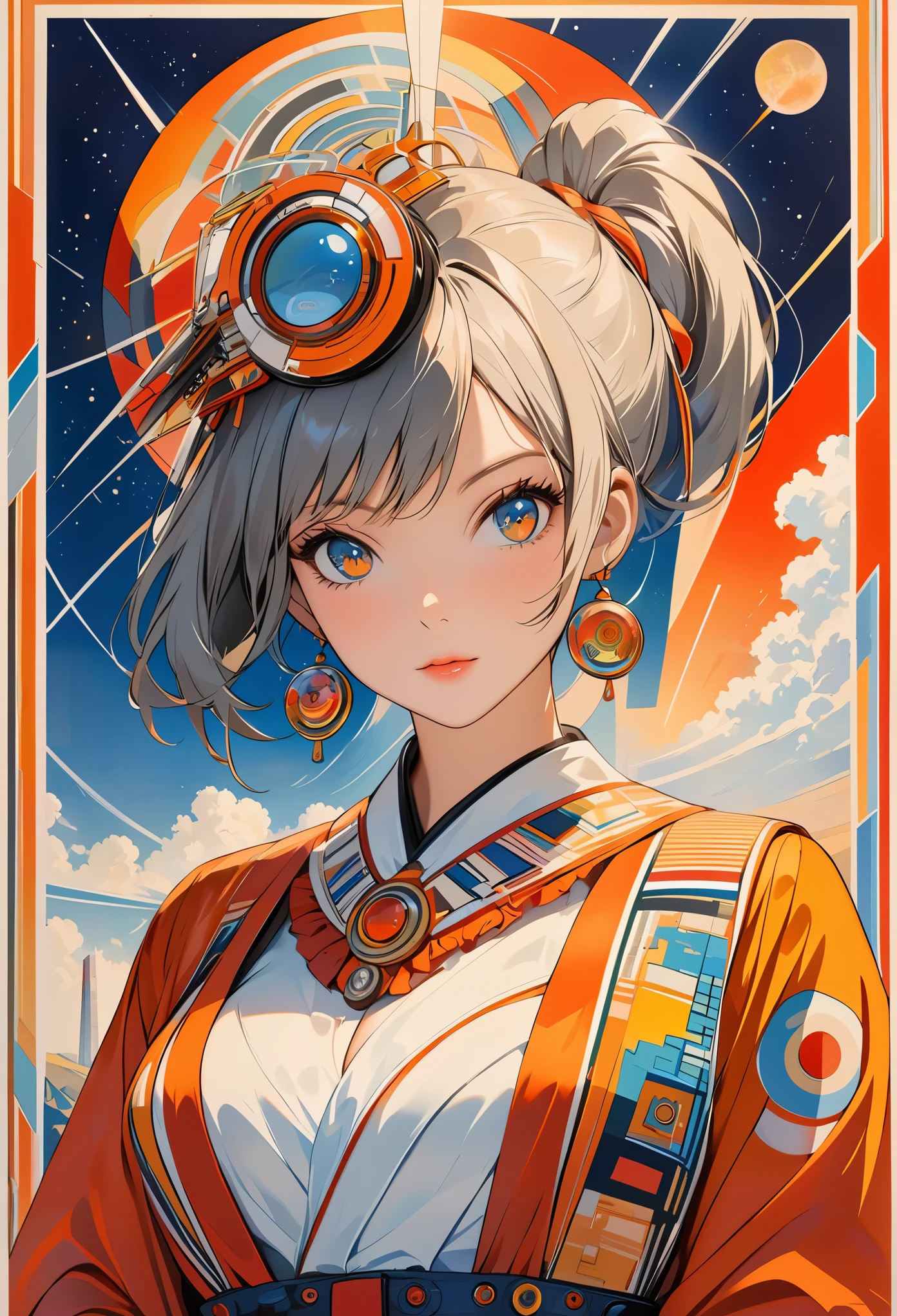 (masterpiece, highest quality), 32K,(highly detailed beautiful woman), poster,SF,1960s,1970s,bauhaus, shape, abstract,movie poster, vintage,retro,futuristic anime,ultimate map,highlight,highly detailed glowing eyes,cleavage,complicated pattern,Stylish hairstyle,gray and orange clothes,Starry Sky