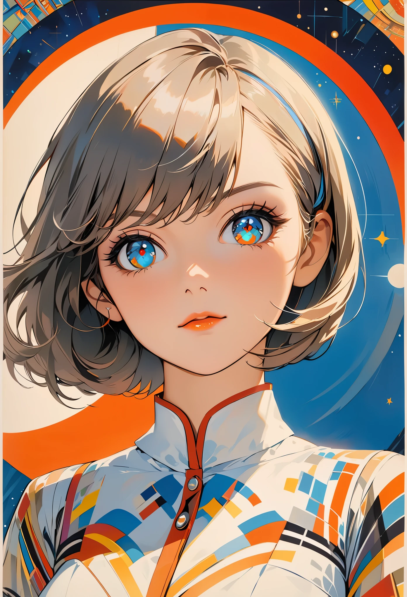 (masterpiece, highest quality), 32K,(highly detailed beautiful woman), poster,SF,1960s,1970s,bauhaus, shape, abstract,movie poster, vintage,retro,futuristic anime,ultimate map,highlight,highly detailed glowing eyes,cleavage,complicated pattern,Stylish hairstyle,gray and orange clothes,Starry Sky