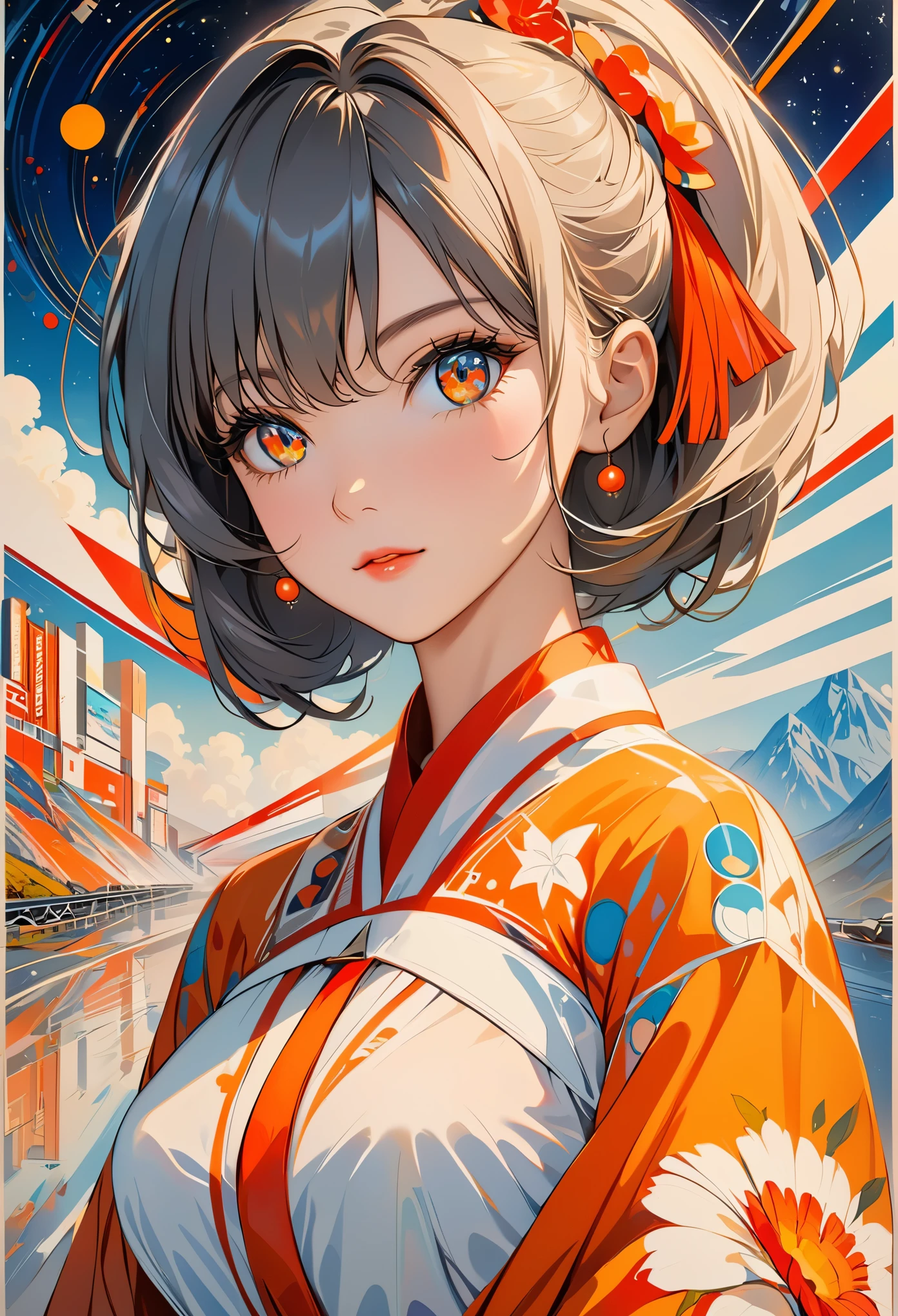 (masterpiece, highest quality), 32K,(highly detailed beautiful woman), poster,SF,1960s,1970s,bauhaus, shape, abstract,movie poster, vintage,retro,futuristic anime,ultimate map,highlight,highly detailed glowing eyes,cleavage,complicated pattern,Stylish hairstyle,gray and orange clothes,Starry Sky