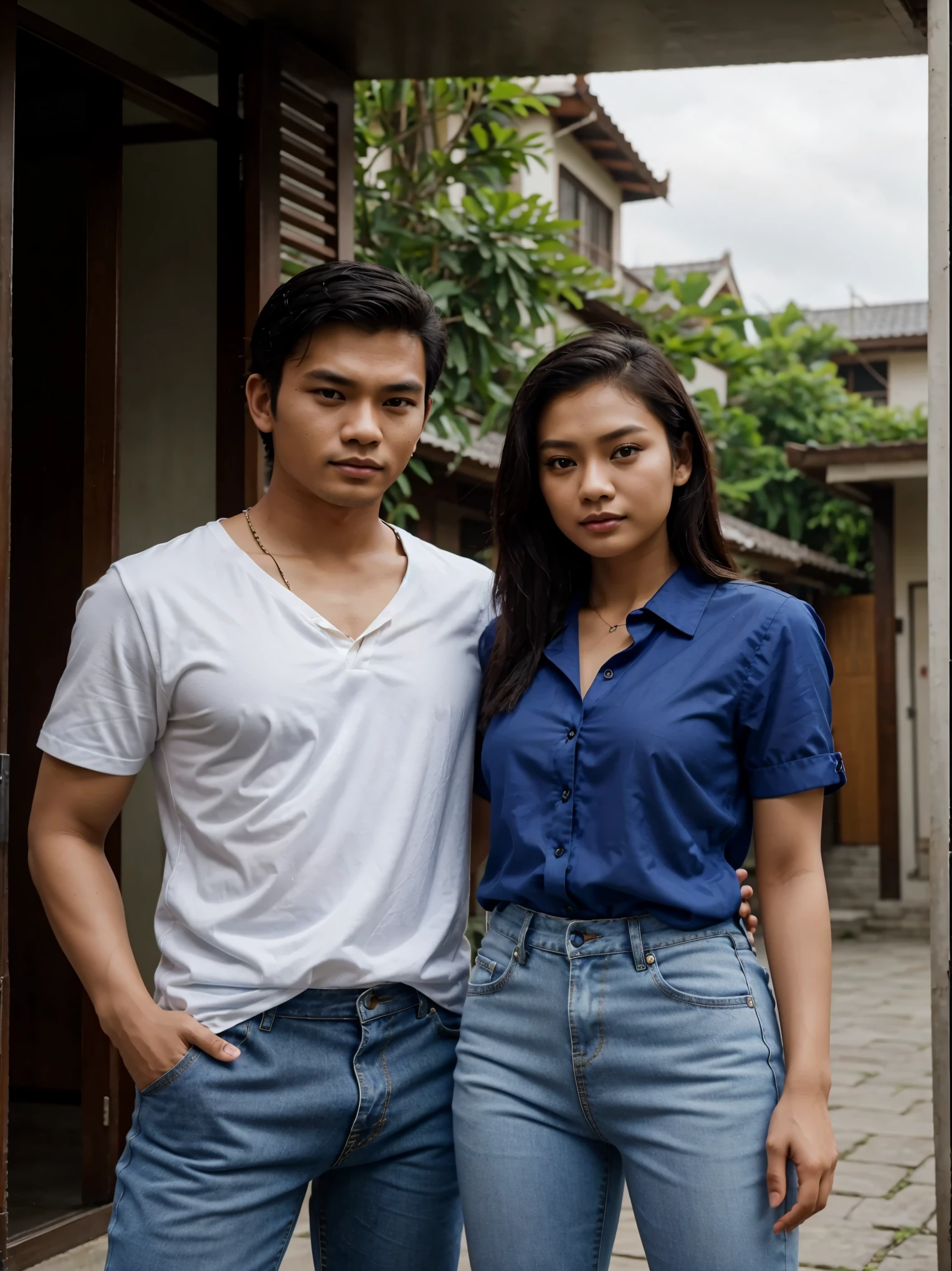an Indonesian man and an Indonesian woman standing next to each other, an image, inspired by Adam Dario Keel, which is trending in the cg community, a handsome young Indonesian man with a beautiful young Indonesian woman in a blue blouse, short jeans, movie screencap, model elissa jes from acquamodels