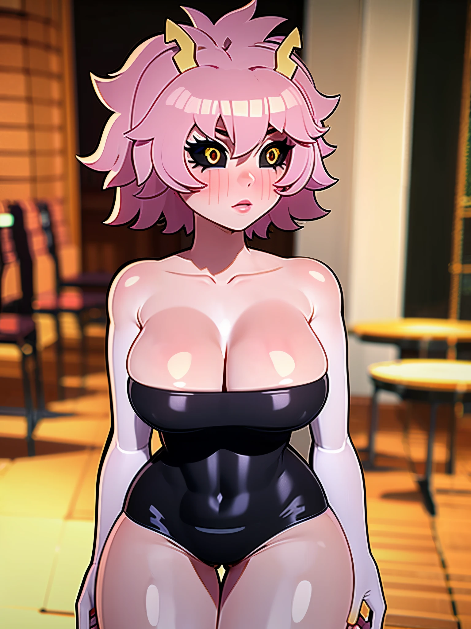 (8k, RAW photos, top quality, masterpiece: 1.2), (High Quality), ray tracing, HDR, (High Details), (Face detail), (Shadow Detail), (amplected), stylized blush, 3d, 3d render, 1girl, solo, masterpiece, best quality, high quality, highres, 4K, beautiful eyes, lip gloss, makeup, woman, detailed, cleavage, thick thighs, 1girl, solo, masterpiece, best quality, high quality, highres, 4K, mina ashido, pink hair, horns, pink skin, striped tank top, strapless, sleeves, mini skirt, restaurant, (black sclera:1.3), slim waist,
