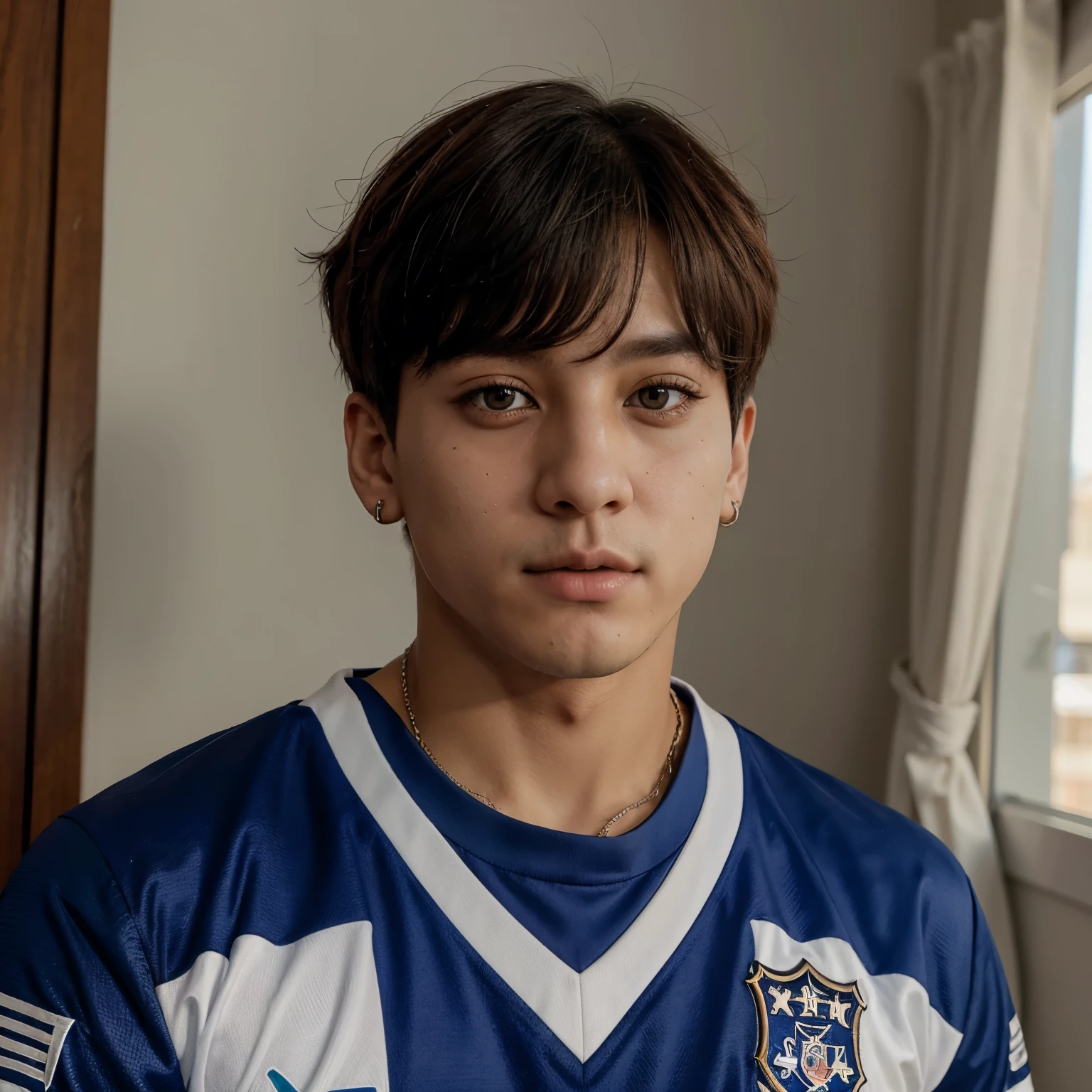 Jungkook do bts com a camisa do Corinthians jovem com Piercing na boca olhos azuis e bigode