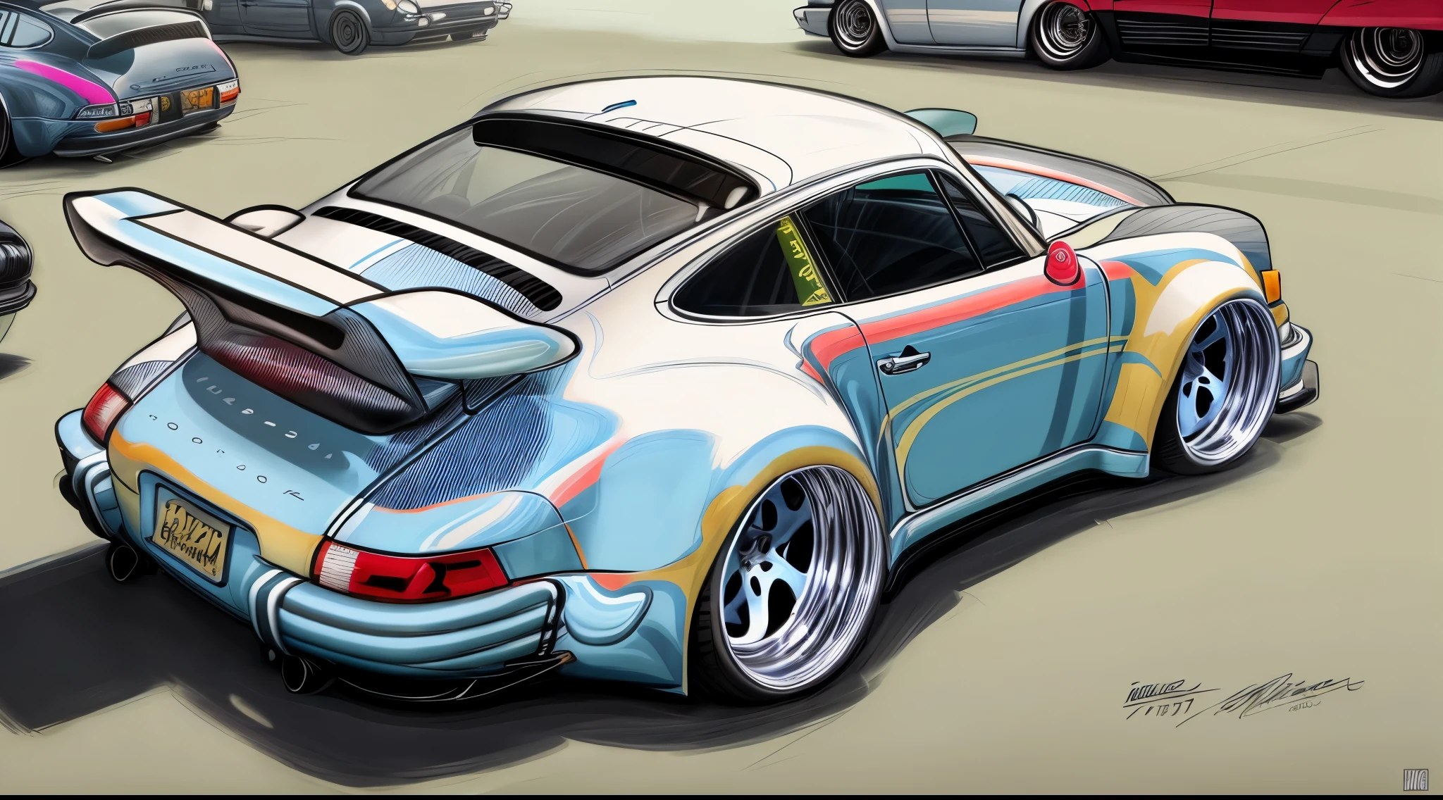 
Porsche 911 rwb, wide body, sketch, 
cartoonish, comic strip, Chip Foose car rendering, chrome wheels, bagged, slammed to the ground, empty parkinglot, style dessin manga, couleur