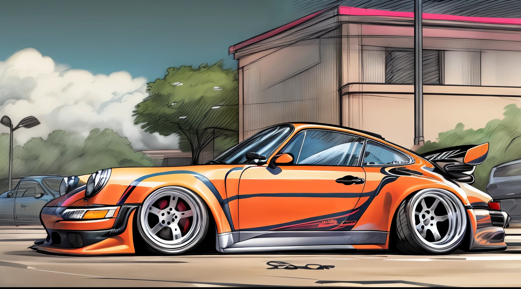 Porsche 911 rwb, wide body, sketch,
cartoonish, comic strip, Chip Foose car rendering, chrome wheels, bagged, slammed to the ground, empty parkinglot, style dessin manga, couleur