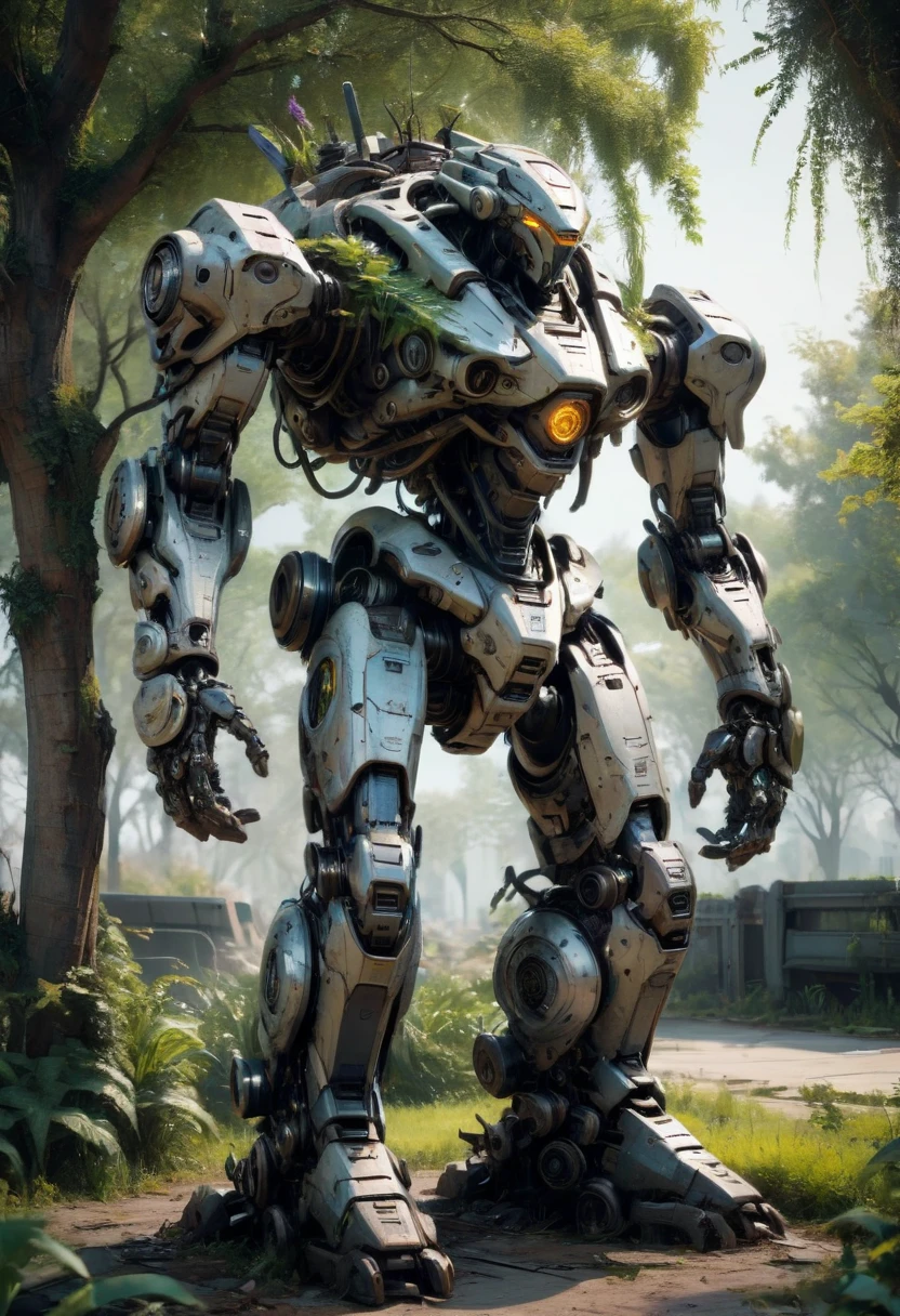 Abandoned Mech, plants on Mech body, park, (best quality, masterpiece, Representative work, official art, Professional, Ultra intricate detailed, 8k:1.3)