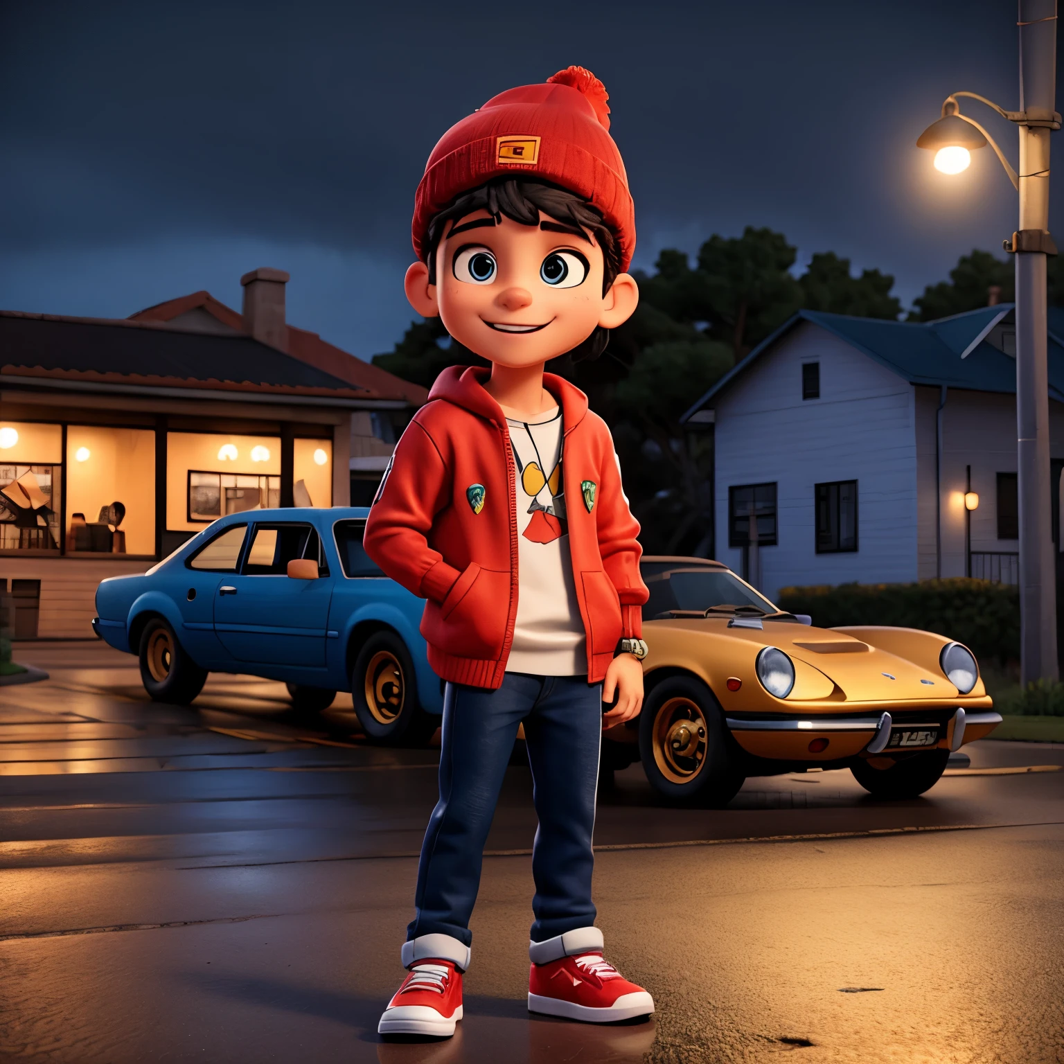 Descreva a cena de um jovem com capuz, vestindo um moletom preto e jeans, standing on the sidewalk on a rainy night, He has a gold chain around his neck and a Rolex watch in his hand. ! Escorado em um carro atrais dele, o carro e uma FERRARI DONDA, and at night with the wet ground and the shine of the car highlighting its attractions! The color of the car is red, the rims are black with the brake pads red, like a racing car! the boy is wearing a Nike beanie hat! and a kenner on the foot !