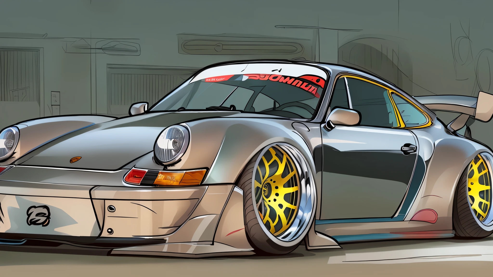 Porsche 911 rwb, wide body, sketch,
cartoonish, comic strip, Chip Foose car rendering, chrome wheels, bagged, slammed to the ground, empty parkinglot, style dessin manga, couleur