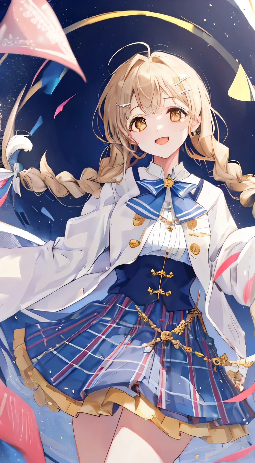 highest quality, (masterpiece:1.2), very detailed, A choir is singing a chant in the concert hall., 1 girl, Open your mouth with lipstick on it, nice smile, brown eyes, Long brown hair, 15 years old, long braids, big shiny hair clip, school uniform, Dark blue and navy plaid skirt, middle long skirt, white shirt, A luxurious navy blazer with a golden emblem on the left chest, big red ribbon on the chest, lipstick、very shiny hair、laughter、bright look、The light makes my face and hair shine, The corners of the eyes are drooping, cute braids, I'm so happy I can jump up, The expression of a maiden in love, (((twin braid hair))), The skirt fabric has a beautiful deep blue checkered pattern., A shy expression staring at the viewer, soprano voice, Pointing diagonally upwards