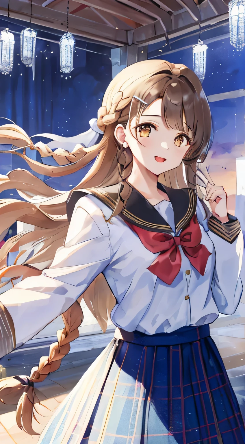 highest quality, (masterpiece:1.2), very detailed, A choir is singing a chant in the concert hall., 1 girl, Open your mouth with lipstick on it, nice smile, brown eyes, Long brown hair, , long braids, big shiny hair clip, school uniform, Dark blue and navy plaid skirt, middle long skirt, white shirt, A luxurious navy blazer with a golden emblem on the left chest, big red ribbon on the chest, lipstick、very shiny hair、laughter、bright look、The light makes my face and hair shine, The corners of the eyes are drooping, cute braids, I'm so happy I can jump up, The expression of a maiden in love, (((twin braid hair))), The skirt fabric has a beautiful deep blue checkered pattern., A shy expression staring at the viewer, soprano voice, Pointing diagonally upwards