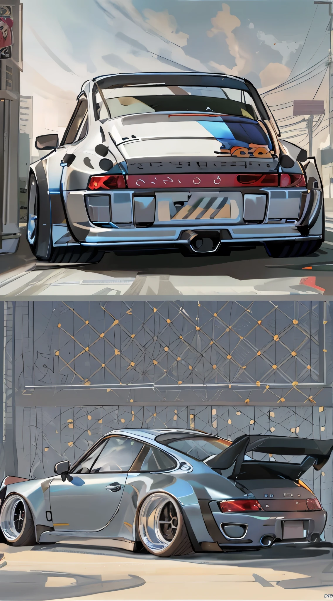 Porsche 911 rwb, wide body, sketch,
cartoonish, comic strip, Chip Foose car rendering, chrome wheels, bagged, slammed to the ground, empty parkinglot, style dessin manga, couleur