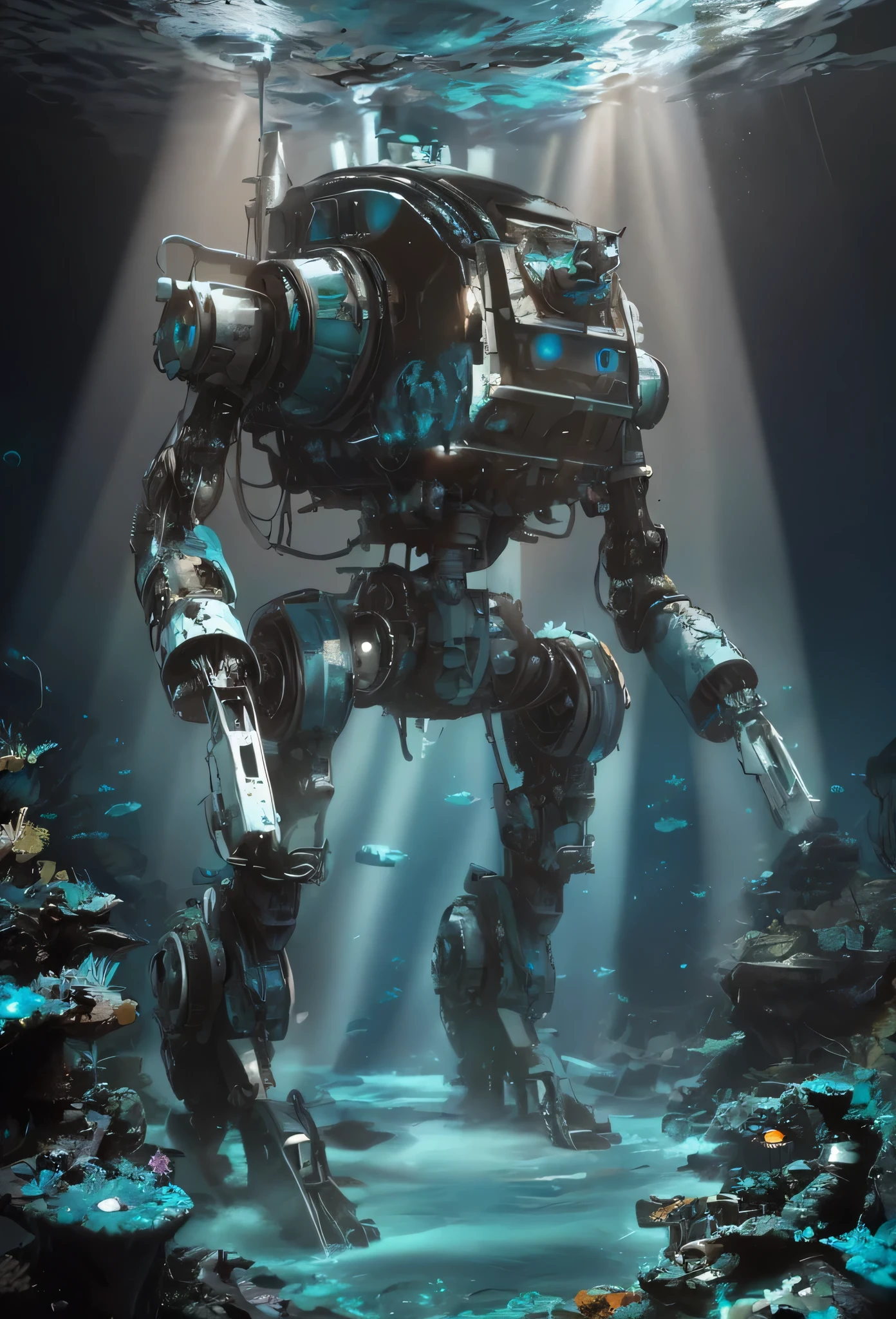 Deep Sea Scenery,The bottom of the sea,abandoned mecha:Fusion of futuristic science and steampunk,world without humans,arm,dirty,weapons,,Remains of a destroyed robot,lost peace,forsaken,dim,masterpiece,digital art,lonely,pessimism,dirty,dyeing,Mysterious,fantasy,The remains of a broken robot sleeping in the deep sea,Deep Sea Scenery:In detail