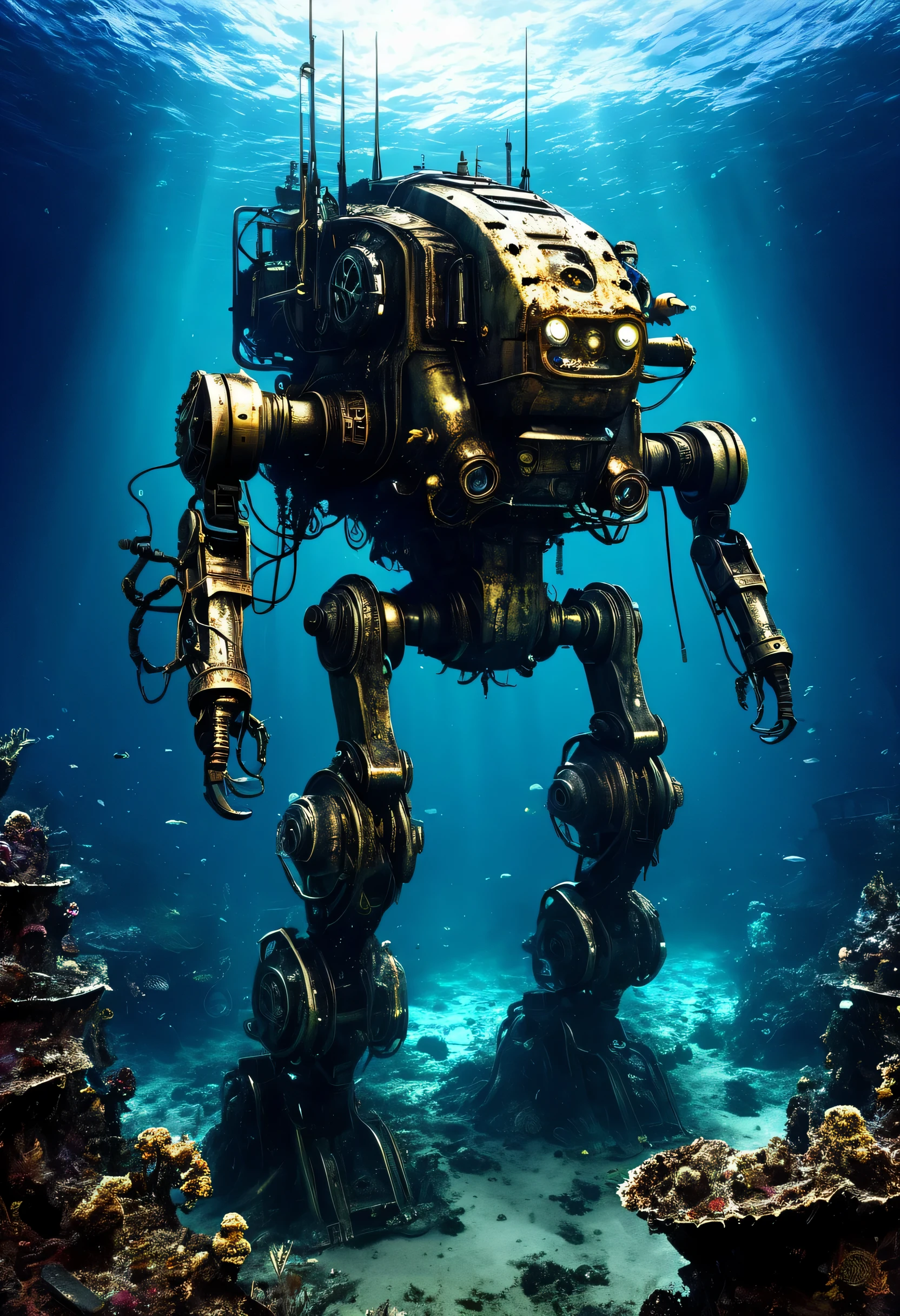 Deep Sea Scenery,Deep ocean bottom,abandoned mecha:Fusion of futuristic science and steampunk,world without humans,arm,dirty,weapons,,Remains of a destroyed robot,lost peace,forsaken,dark,Deep ocean bottom,masterpiece,digital art,lonely,pessimism,dirty,dyeing,Mysterious,fantasy,The remains of a broken robot sleeping in the deep sea,Deep Sea Scenery:In detail