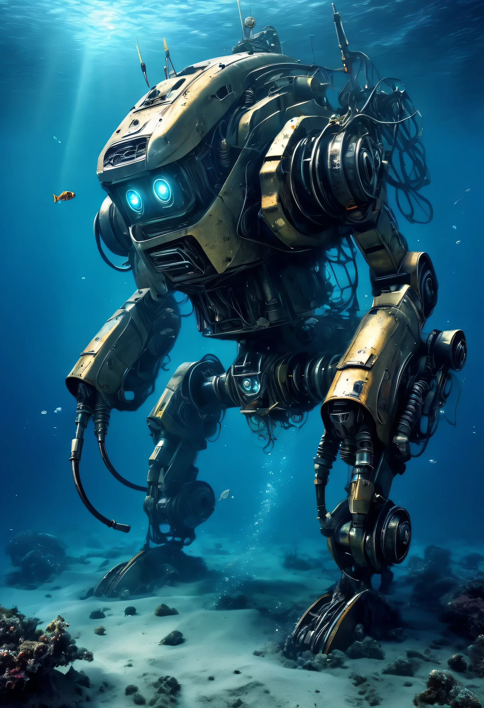 Deep Sea Scenery,The bottom of the sea,abandoned mecha:robot dog,Fusion of futuristic science and steampunk,world without humans,arm,dirty,weapons,,Remains of a destroyed robot,lost peace,forsaken,dim,masterpiece,digital art,lonely,pessimism,dirty,dyeing,Mysterious,fantasy,The remains of a broken robot sleeping in the deep sea