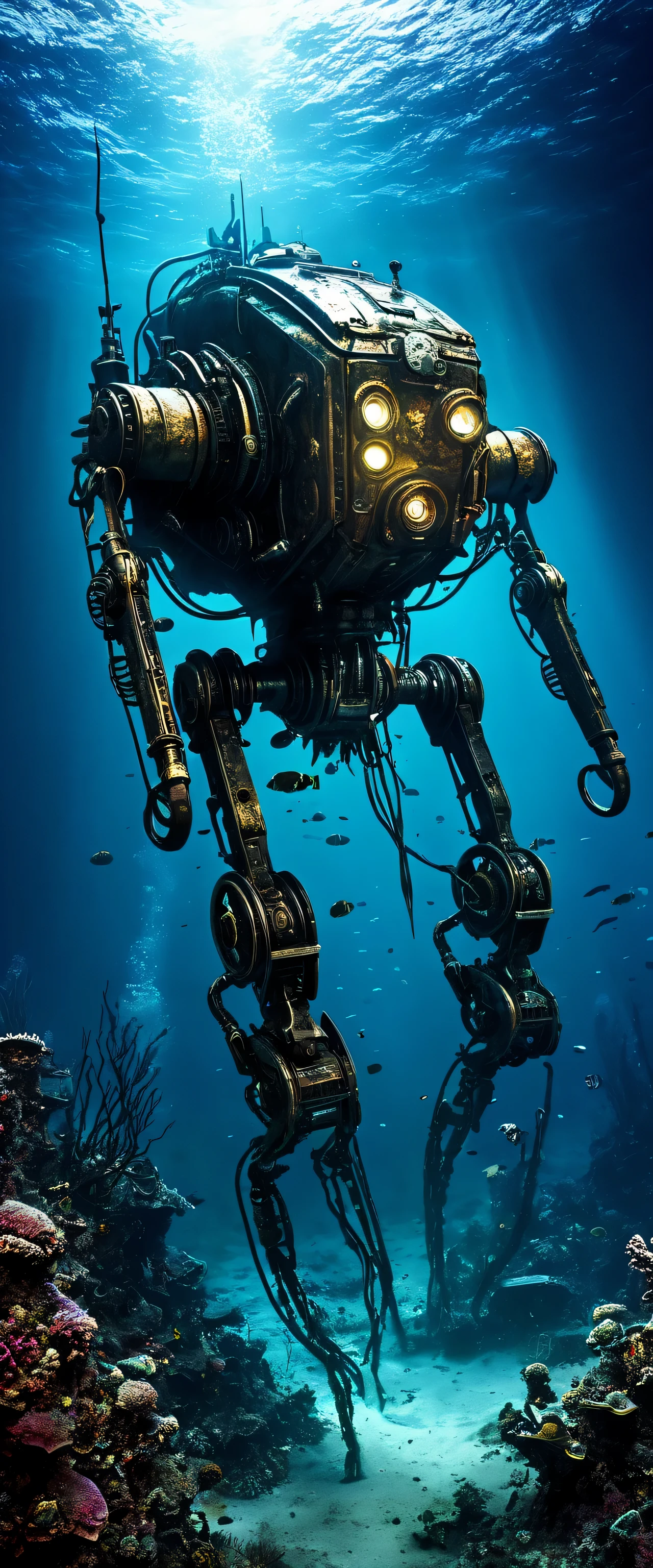 Deep Sea Scenery,Deep ocean bottom,abandoned mecha:Fusion of futuristic science and steampunk,world without humans,arm,dirty,weapons,,Remains of a destroyed robot,lost peace,forsaken,dark,Deep ocean bottom,masterpiece,digital art,lonely,pessimism,dirty,dyeing,Mysterious,fantasy,The remains of a broken robot sleeping in the deep sea,Deep Sea Scenery:In detail,Dimly glowing deep sea creatures