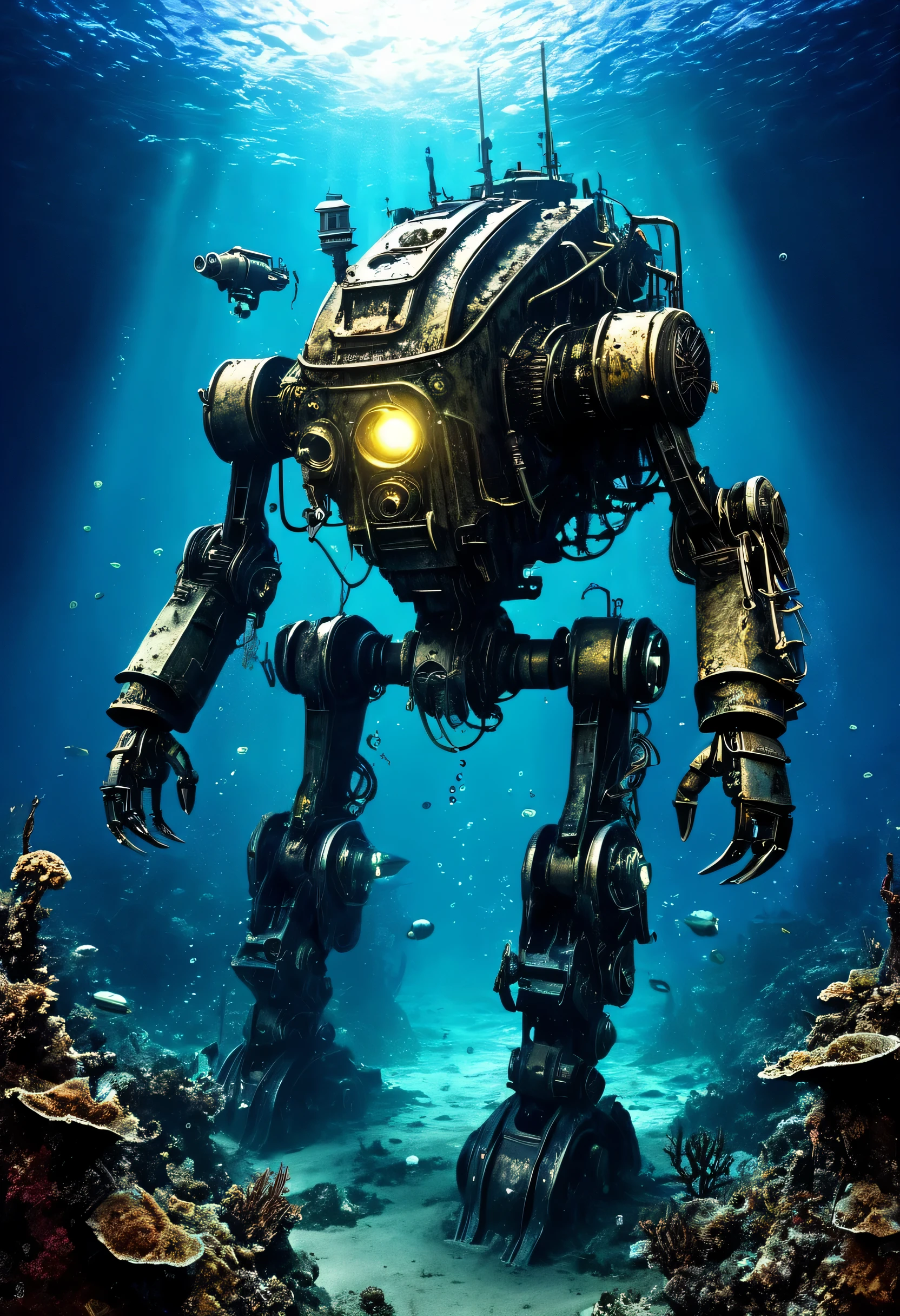 Deep Sea Scenery,The bottom of the sea,abandoned mecha:Fusion of futuristic science and steampunk,world without humans,arm,dirty,weapons,,Remains of a destroyed robot,lost peace,forsaken,dim,masterpiece,digital art,lonely,pessimism,dirty,dyeing,Mysterious,fantasy,The remains of a broken robot sleeping in the deep sea