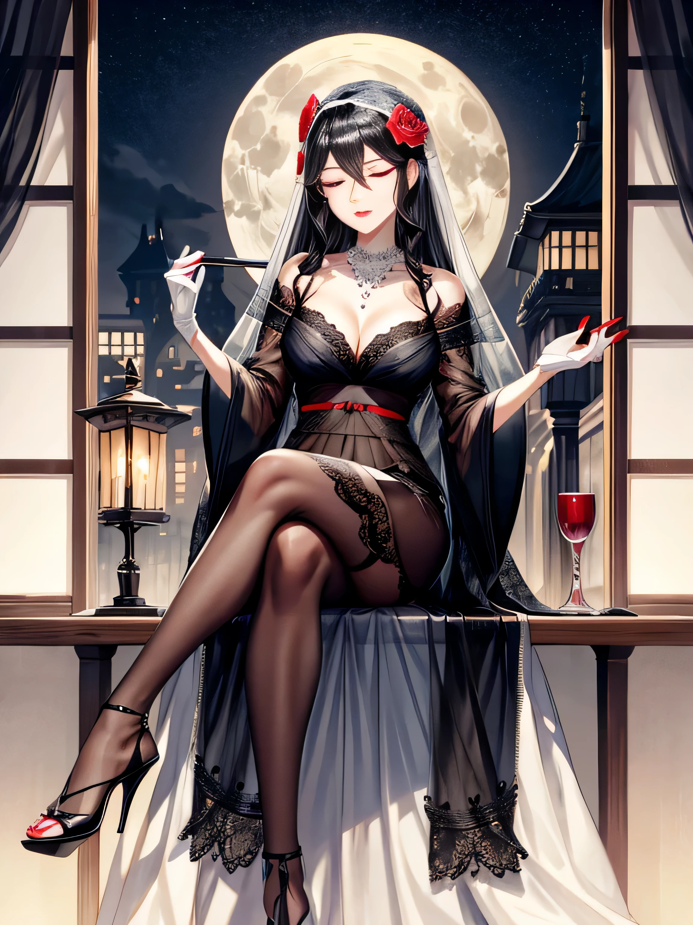 See-through,black face veil , black nylons , silk stockings ,See-throughの袴， close your eyes，transparent black kimono　,sheer lingerie,enamel high heels,pearl necklace,,straight,lace long gloves, shortcut,　hair ornaments,　，feet，, masterpiece, great product, night, full moon, 1 female,  woman, brunette hair, up style, red lips, Calm, intellectual, , hair flower, Detailed facial details, fine eyes, whole body, gray eyes, long hair, 