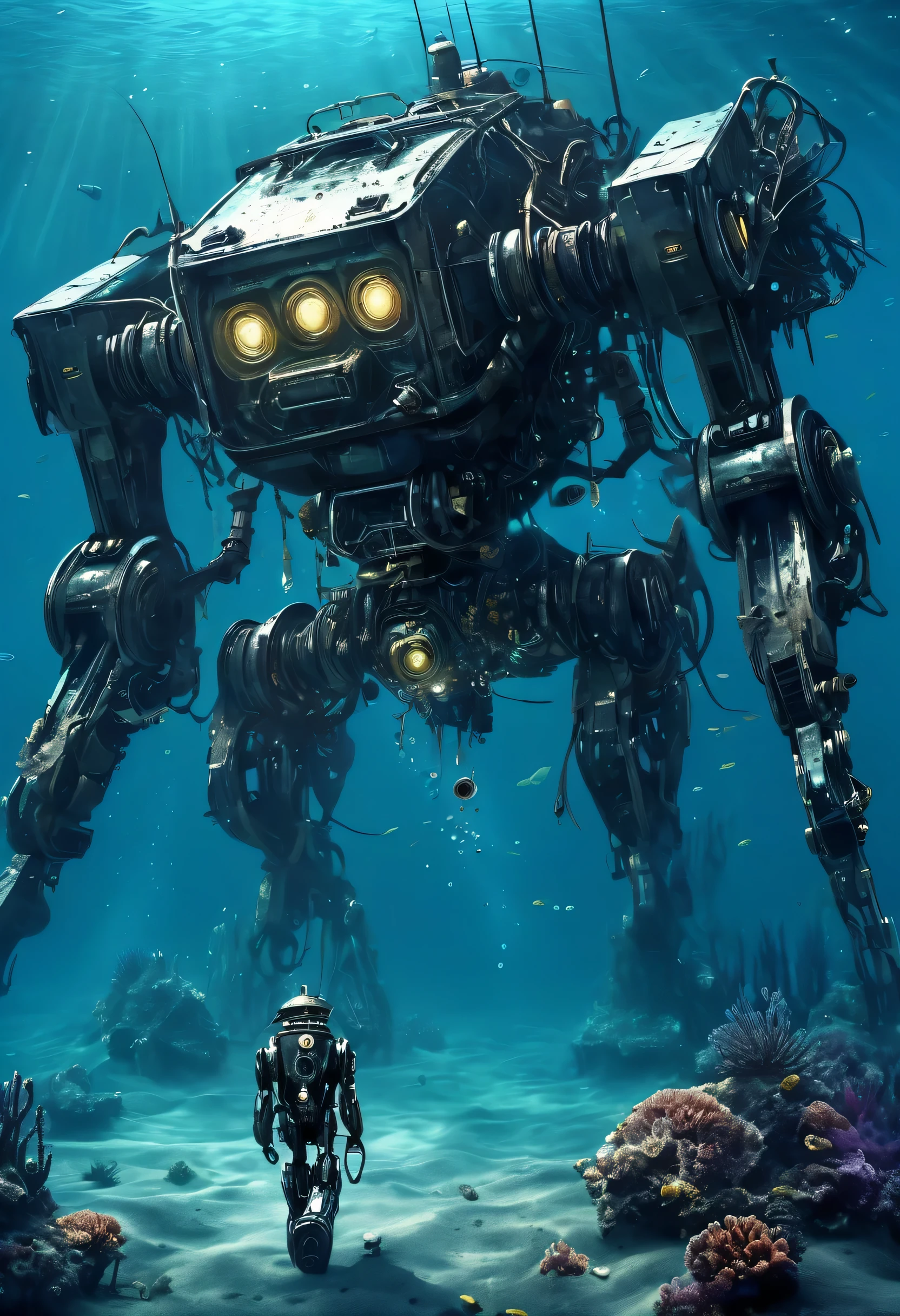 Deep Sea Scenery,The bottom of the sea,abandoned mecha:robot dog,Fusion of futuristic science and steampunk,world without humans,arm,dirty,weapons,,Remains of a destroyed robot,lost peace,forsaken,dim,masterpiece,digital art,lonely,pessimism,dirty,dyeing,Mysterious,fantasy,The remains of a broken robot sleeping in the deep sea