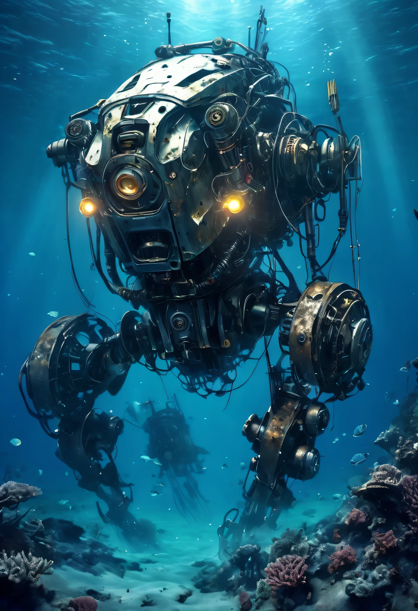 Deep Sea Scenery,The bottom of the sea,abandoned mecha:robot dog,Fusion of futuristic science and steampunk,world without humans,arm,dirty,weapons,,Remains of a destroyed robot,lost peace,forsaken,dim,masterpiece,digital art,lonely,pessimism,dirty,dyeing,Mysterious,fantasy,The remains of a broken robot sleeping in the deep sea